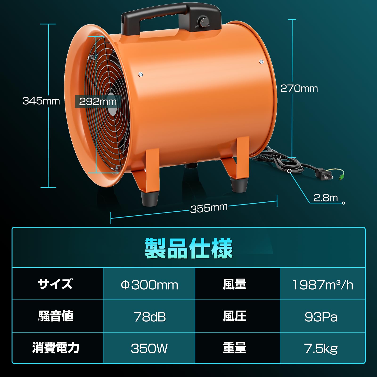 Okryain 換気扇 300mm 金属製 ダクトファン ポータブル送風機 業務用換気扇 大風量 工場/作業所/倉庫排気用 (SZ300-単品)