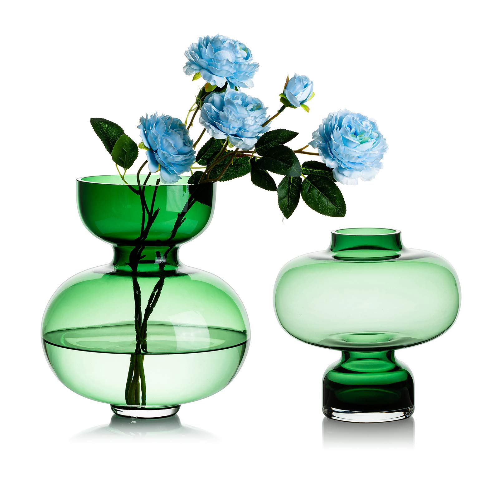 Glass Vase for Flowers, 2 Pcs Green Art Vase Modern Narrow-Necked Vase for Table Decoration, Wedding Ceterpiece for Rose, Hydrangea, Daffodil, Artificial Long-Stemmed Flowers