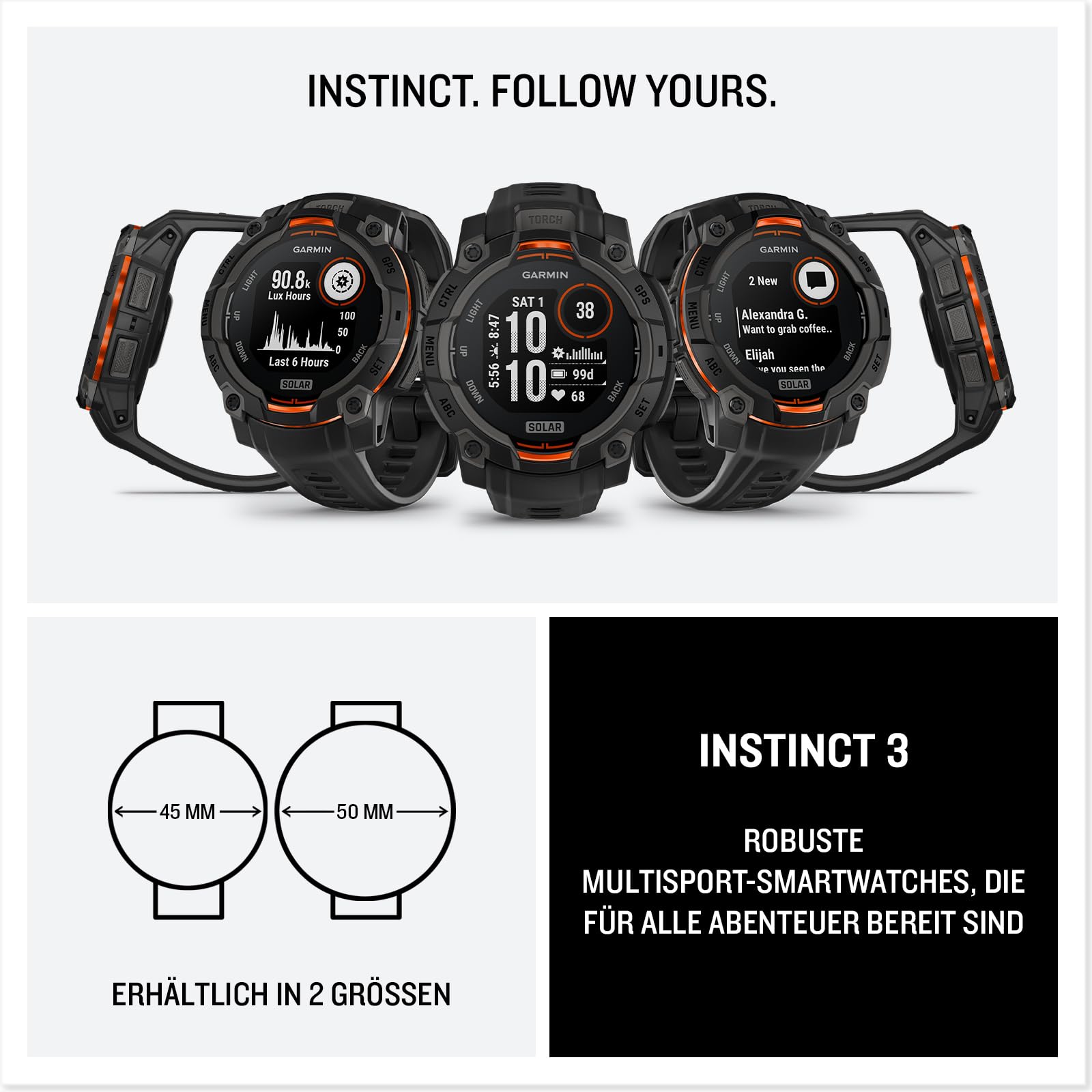 Garmin Instinct 3, Solar 45mm Rugged GPS smartwatch, Black | Solar charging,built in sports & health apps, LED flashlight, shock resistant,10ATM,unlimited battery life w/ Solar charging