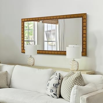Large Wall Decorative Mirror, 48 x 24 Antique Gold Mirror with Bamboo-Joint Design, Rectangular Warm Gold Mirrors for Bathroom, Entryway, Dining Room, Fireplace,Horizontal/Vertical