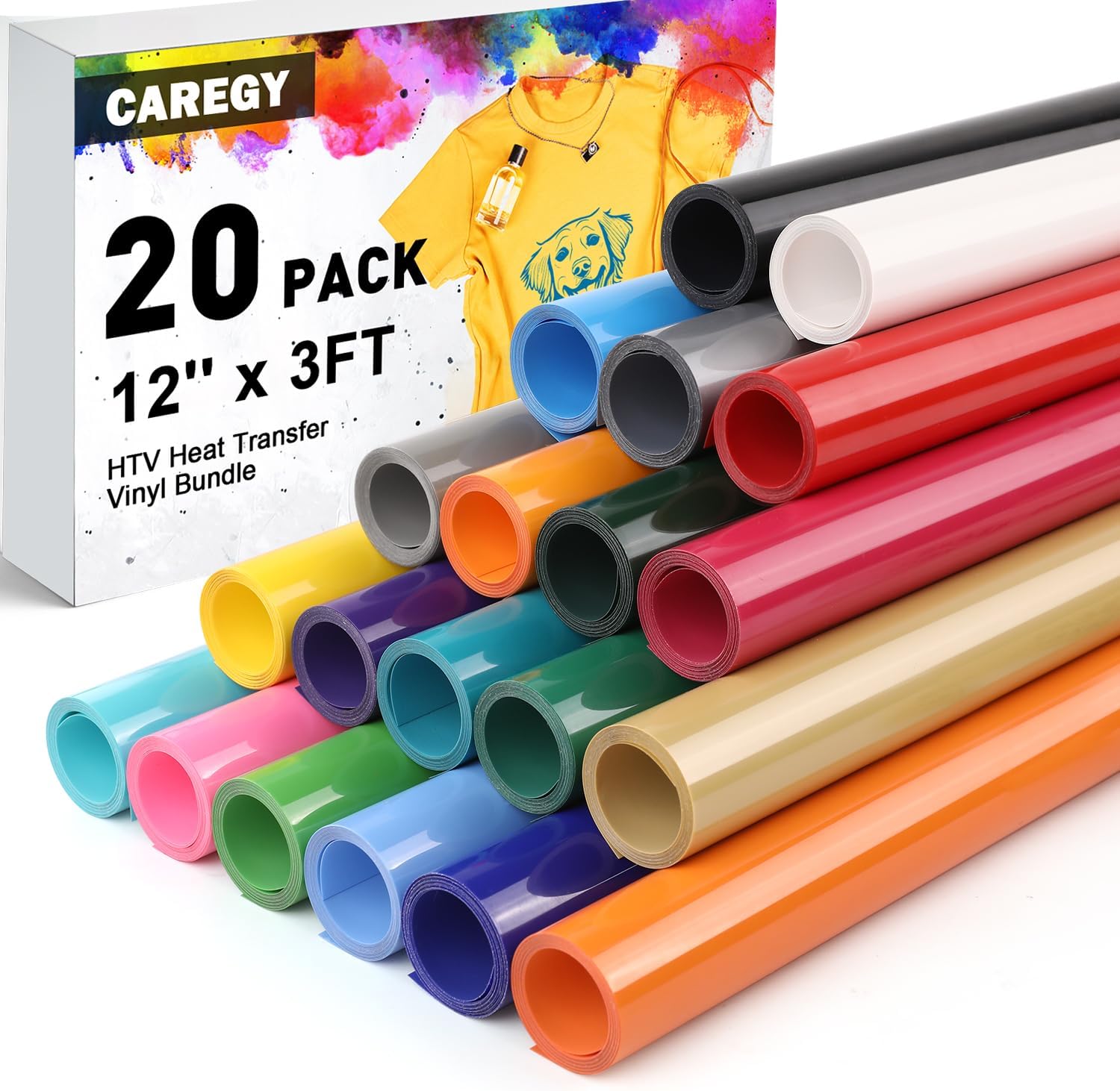 CAREGY Heat Transfer Vinyl HTV for DIY T-Shirts 12 Inches by 3 Feet Rolls (20 Pack)…