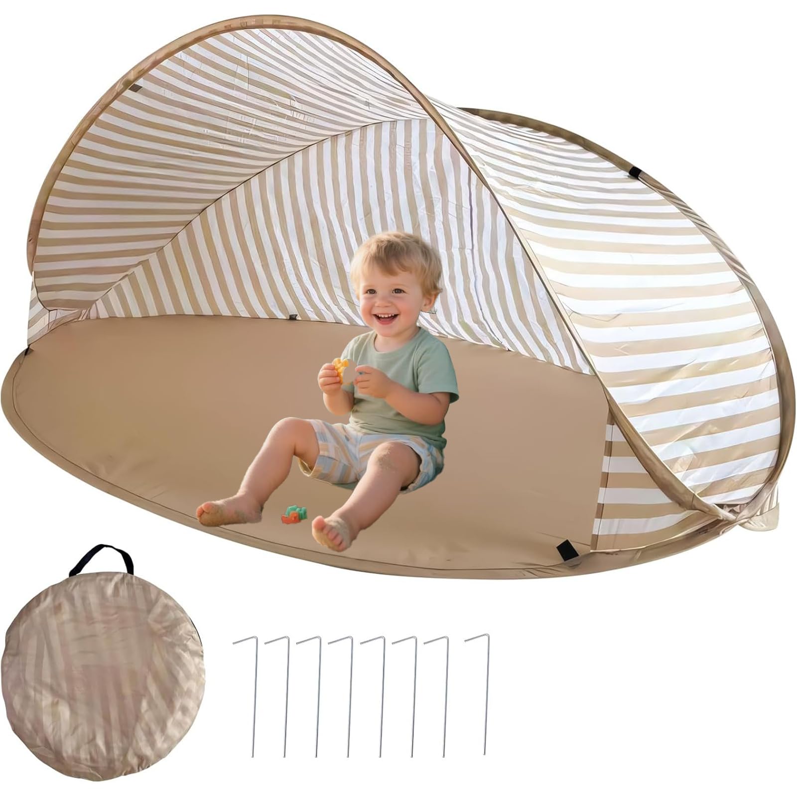 Tenda da Spiaggia Pop Up Automatica Anti UV UPF50+, Tenda Spiaggia Pieghevole con Borsa e Picchetti, Riparo Sole Portatile per Mare, Giardino, Campeggio e Gite in Famiglia