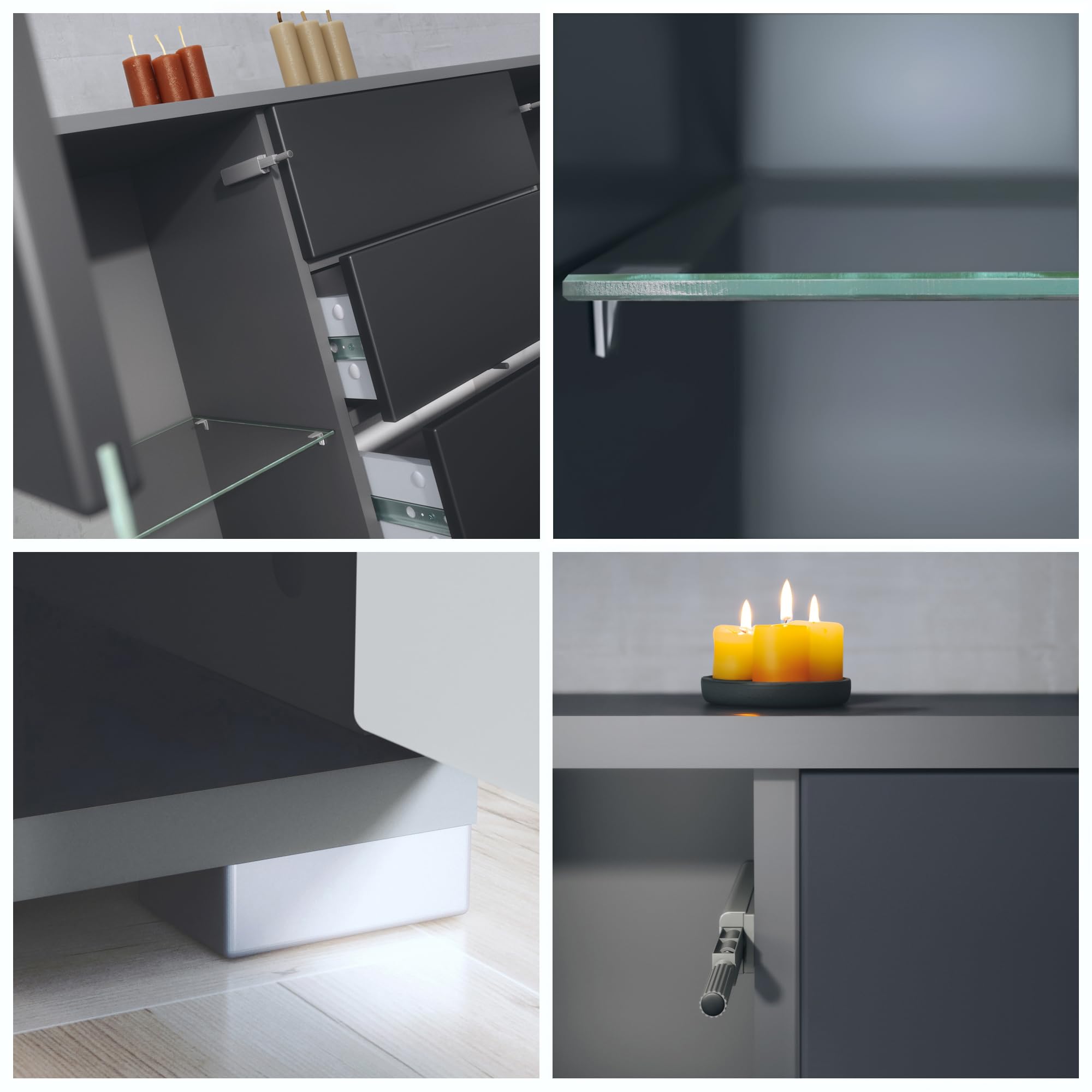 Vladon Sideboard Bari V1, Kommode mit 2 großen Türen und 4 Schubladen, Anthrazit matt/Grau Hochglanz (138,5 x 75,5 x 35)