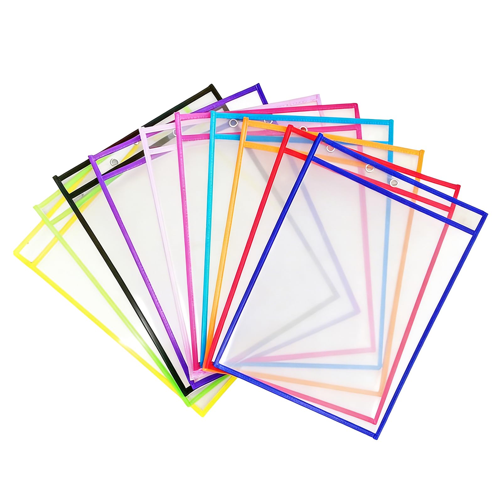 10 Pcs A4 Size Reusable Dry Erase Pockets, 10-Color Clear Dry Erase Sleeves with Erasable Label, Top Hanging File Bag for Organizing, School, Office, Home