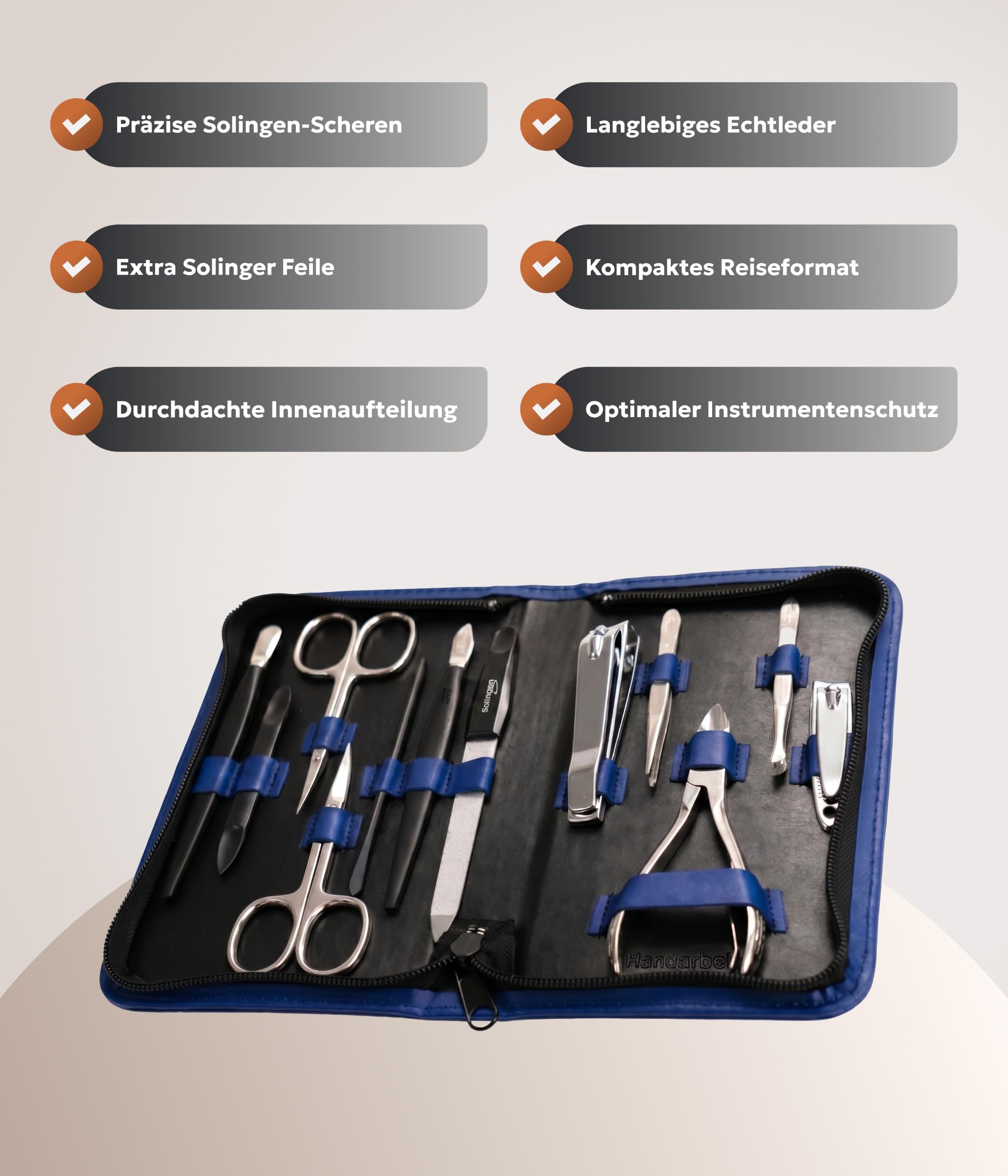 Solingen Reissverschlussetui Blau 12-teilig – Maniküre Set aus LWG Leder, präzise Nagelpflege – für Damen & Herren – Nageletui – Made in Germany