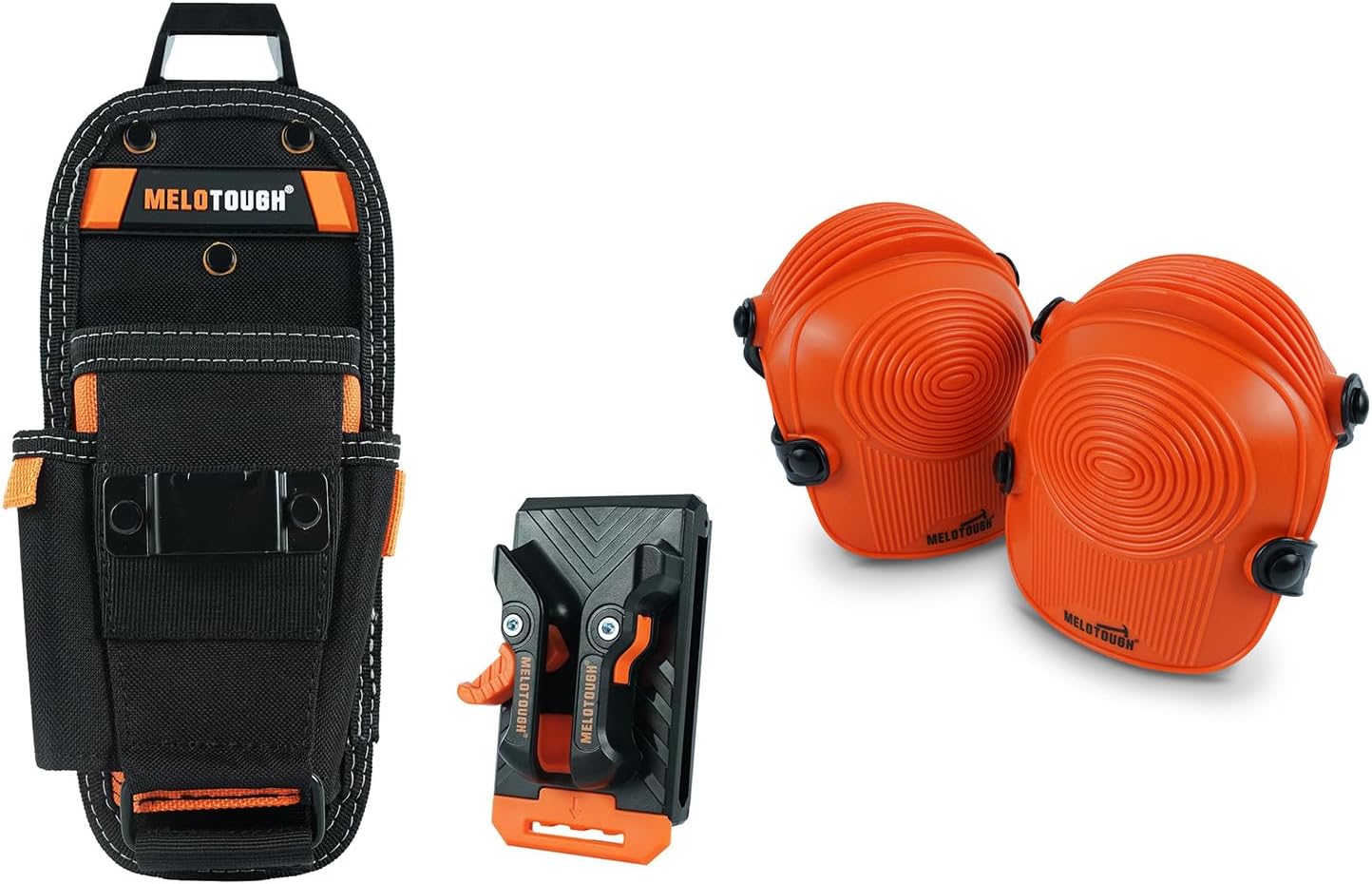 MELOTOUGH Small Tool Pouch with Quick Release Belt Clip,Clip On Tool Belt Pouch with Electrician Tapemeasure Clip,Work Knee Pads for Men Women Construction, Flooring, Roofing(Orange)