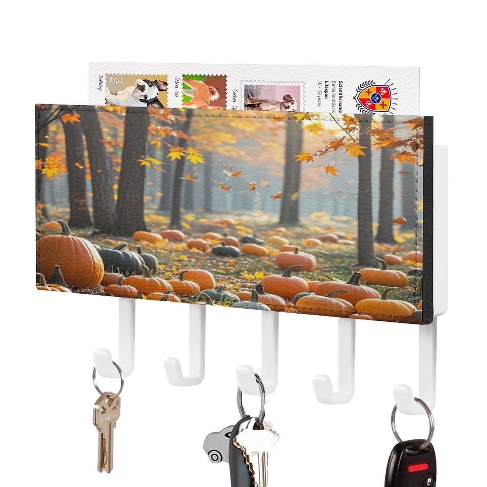 Lzqpoeas White-Style Orange Pumpkin And Maple Grove Key Holder Wall Mount With Mail Organizer Fashion Adhesive Key Hanger With 5 Hooks No Drill Pu Leather Key Organizer Rack For Entryway Kitchen Hallway Decor