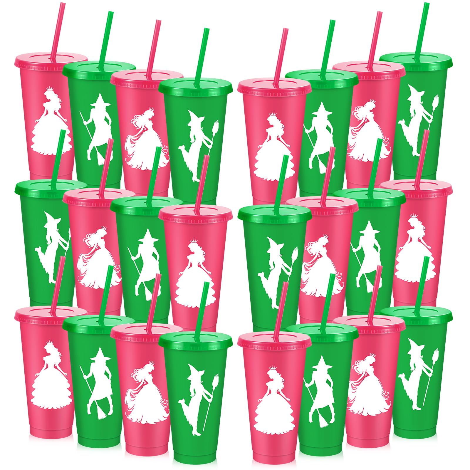 Yoiemivy 24 Pack Pink and Green Plastic Cups with Lids and Straws 24 oz Reusable Holiday Drinking Cups Princess and Witch Themed Party Favors Supplies
