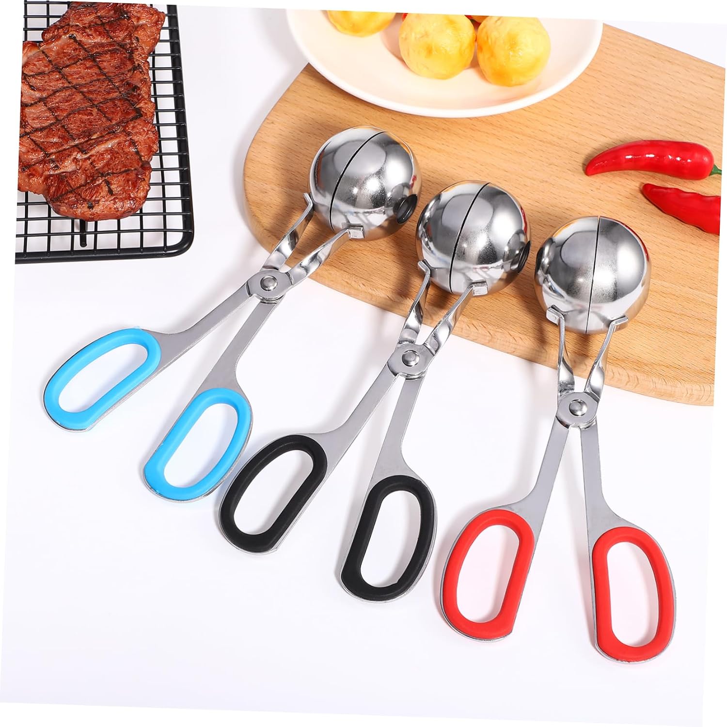 SHOWERORO 3pcs Stainless Steel Meatball Maker Meatball Scoops Non-stick Kitchen Tool Ice and Biscuit Baking