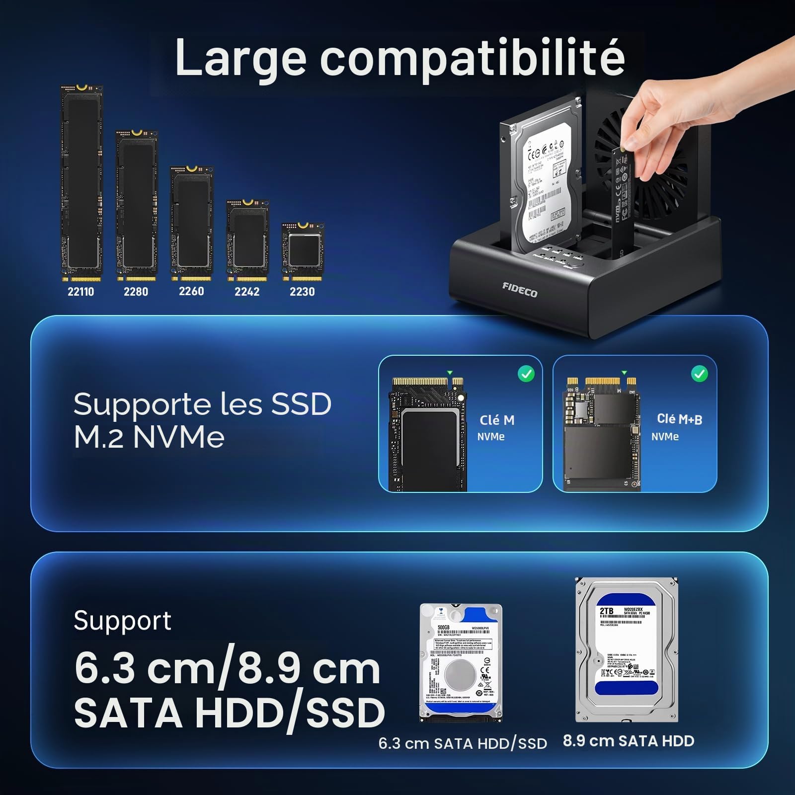 FIDECO Lecteur Disque Dur Externe, Adaptateur Dock Disque Dur USB C 10Gbps M.2 NVMe SSD/SATA HDD 5Gbps avec Clonage Hors Ligne Bidirectionnel, Lecteur de Disque avec Ventilateur Rabattable