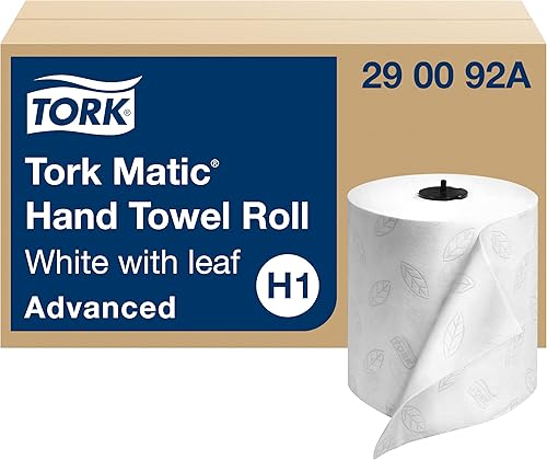 Tork Matic 290092A - Rollo de toallas de mano, blanco con hoja gris, avanzado, H1, 100% fibra reciclada, alta absorción, capacidad media, 2 capas, 6