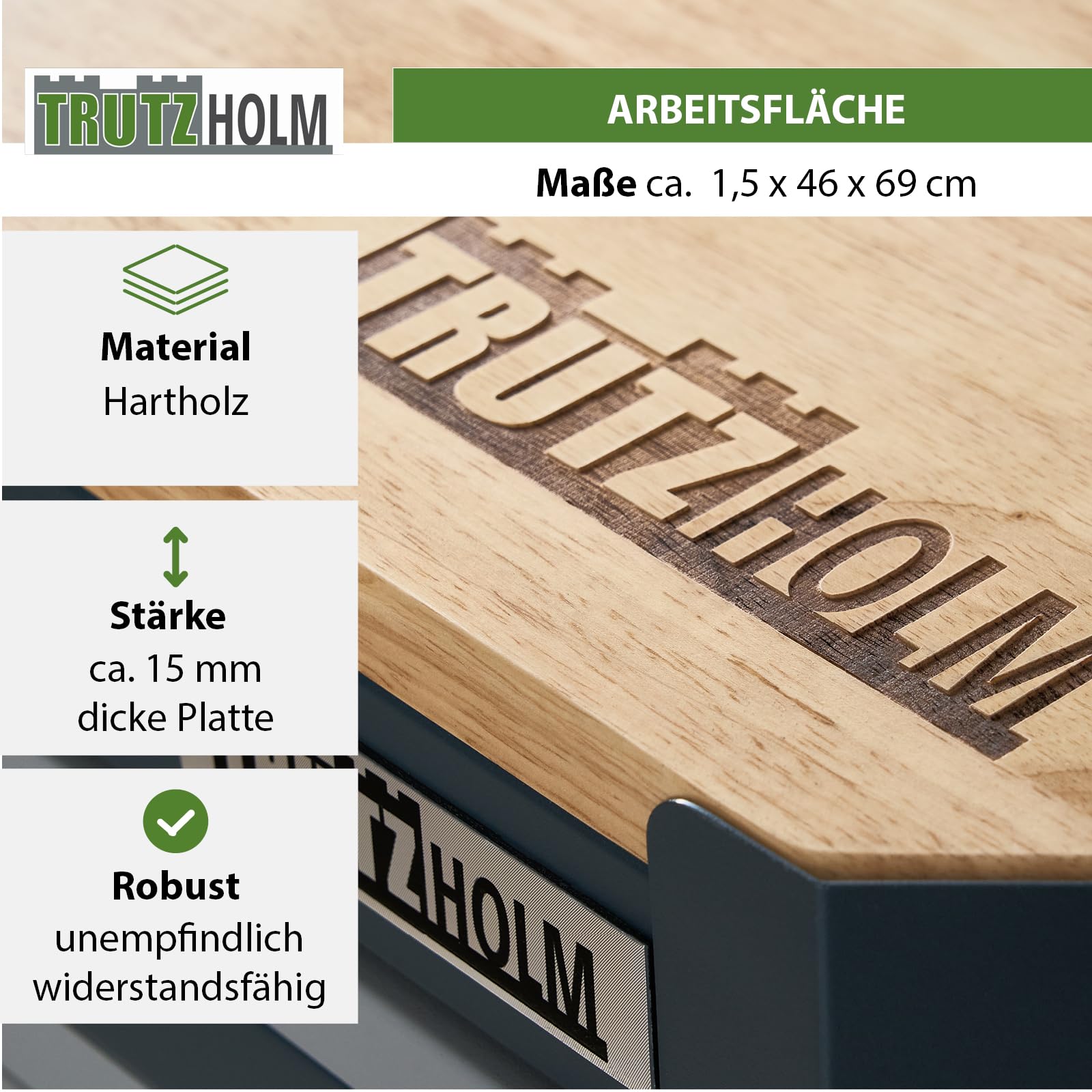 TRUTZHOLM Werkstattwagen 99x82 cm Werkzeugwagen leer mit 7 Schubladen, Holzarbeitsplatte, rollbar, Werkzeugschrank mit Rollen, Papierrollenhalter, Steckfach, Anthrazit Grau