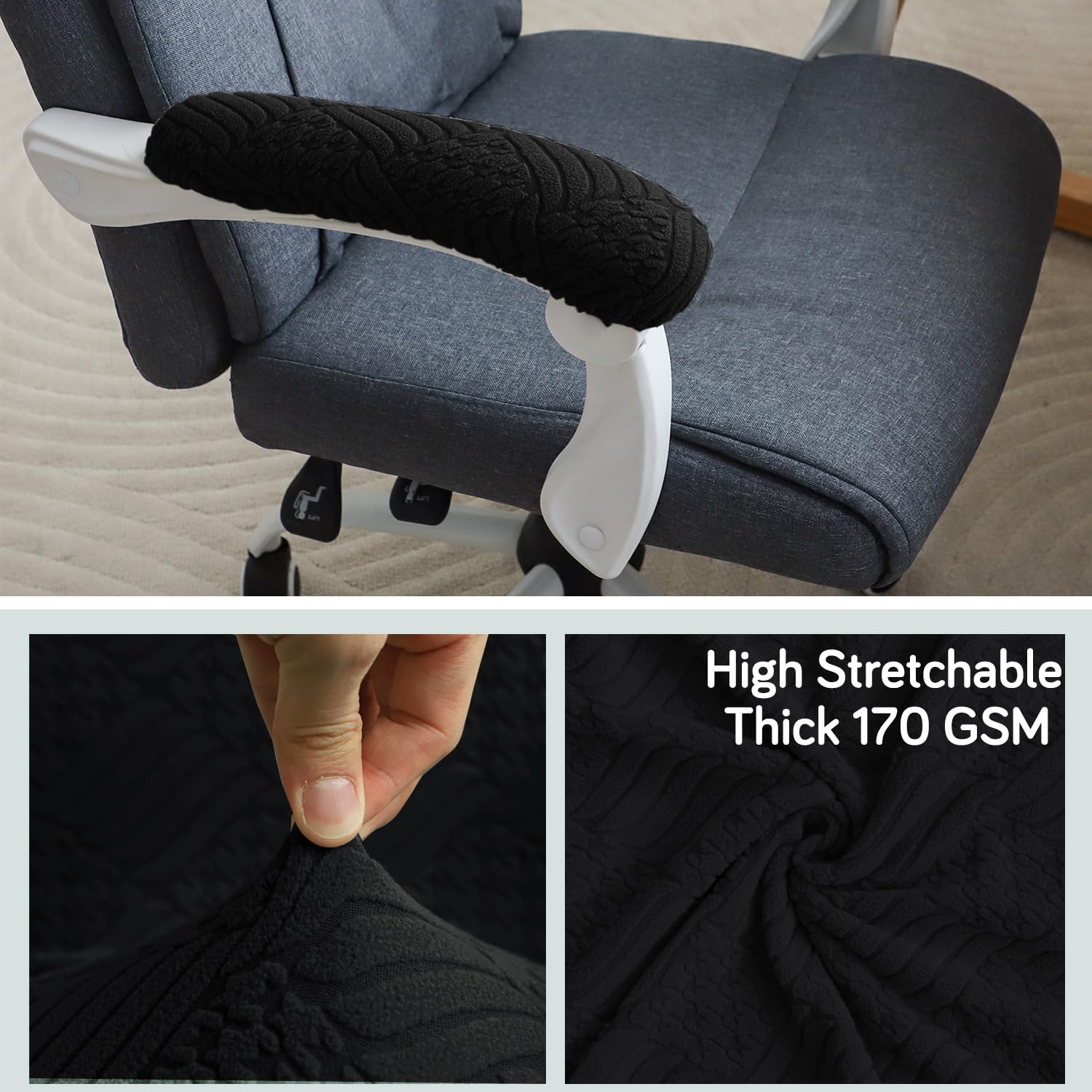 HOKIPO 170gsm Jacquard Armrest Covers for Office Chair (Elastic Style), 1 Pair, Black (AR-5937-BLK) 3