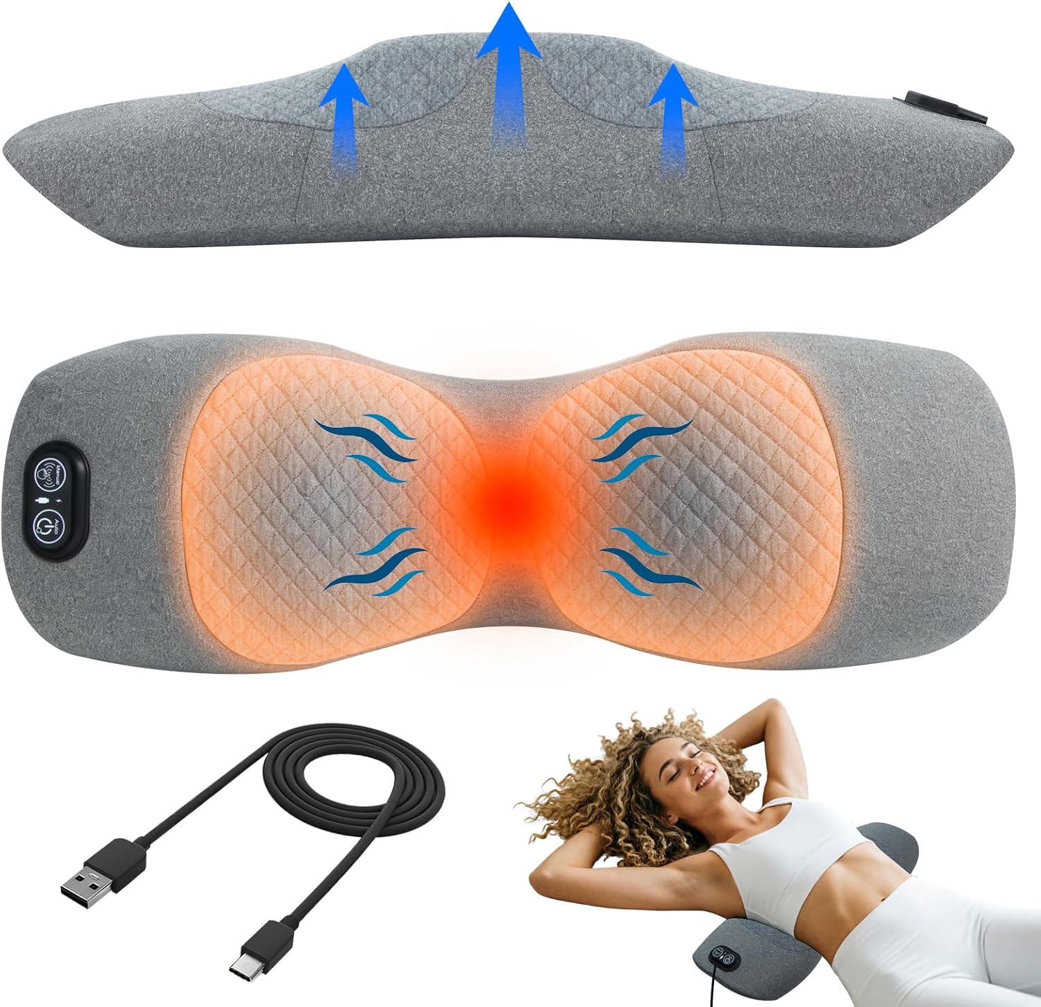 Triple Fusion Back Massager with Stretching, Vibration and Heat, 3-in-1 Electric Lumbar Pillow for Lower Back Tension Relief, Deep Tissue Relaxation Massage for Home, Office, Bed, Sofa, and Car Use