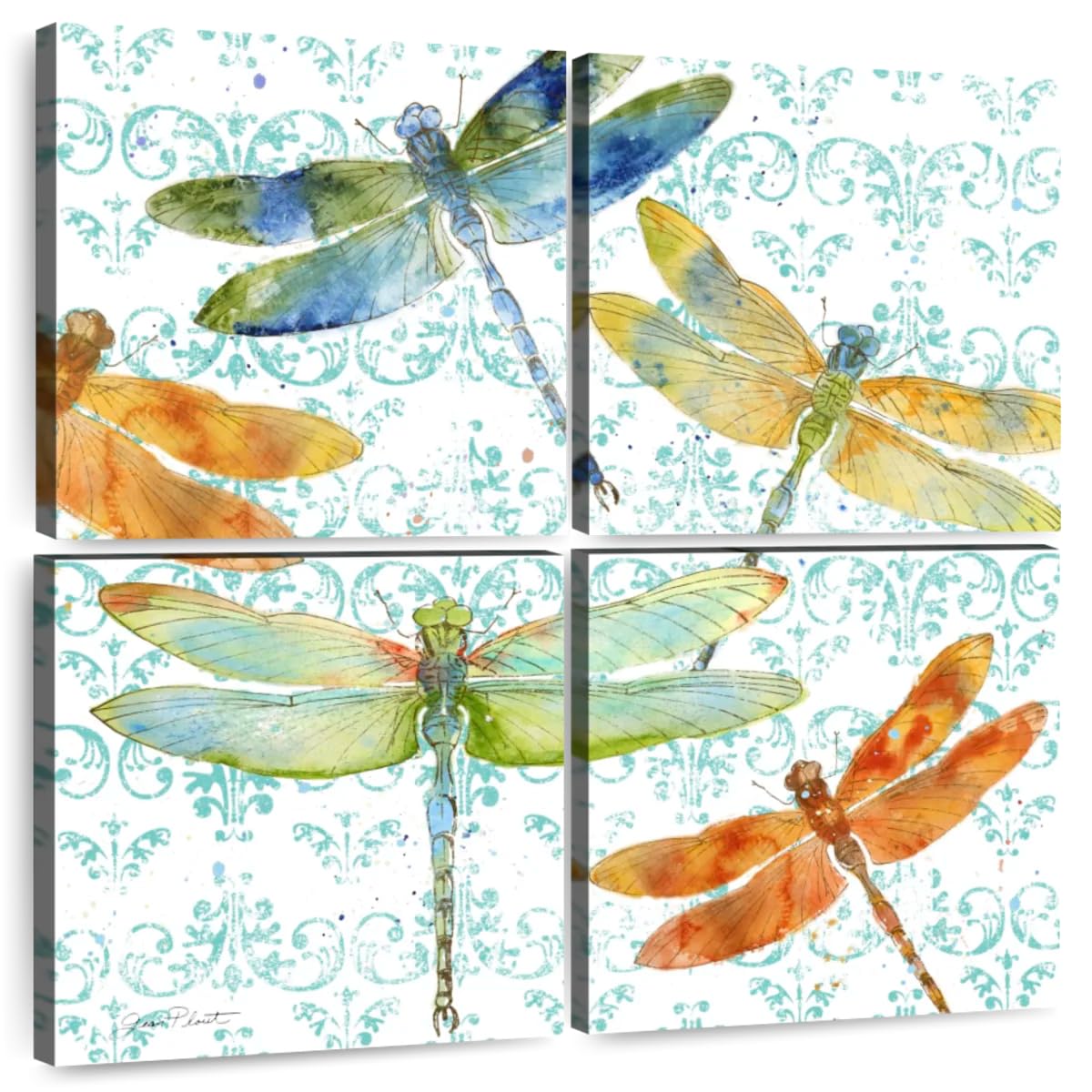 Elephant Stock - Dragonfly Bliss I Wall Art - Square Multi Panel Canvas - 4 Piece Living Room Wall Decor - Watercolor Dragonfly Multi Piece Wall Art - Orange And Turquoise Decor by Jean Plout - 26" x 26"