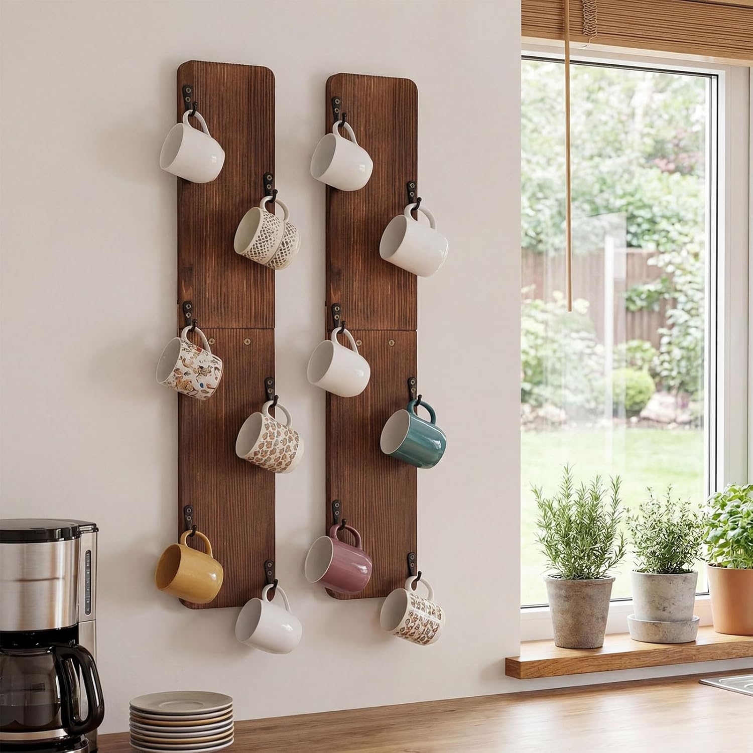 2 Pack Coffee Mug Holder Rack Hanger Wall Mounted 6 Hook Solid Wood Cup Holder Display Shelf Storage Organizer for Homes Bars Kitchen Wall Cabinet