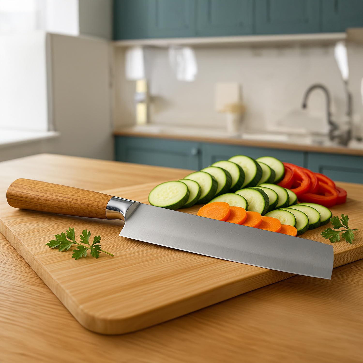 Mannaia da Cucina in Acciao Inox - Lama da 20 cm - Coltello affilato per tagliare Alimenti - Impugnatura Ergonomica in legno - Coltello da Cuoco e Macellaio
