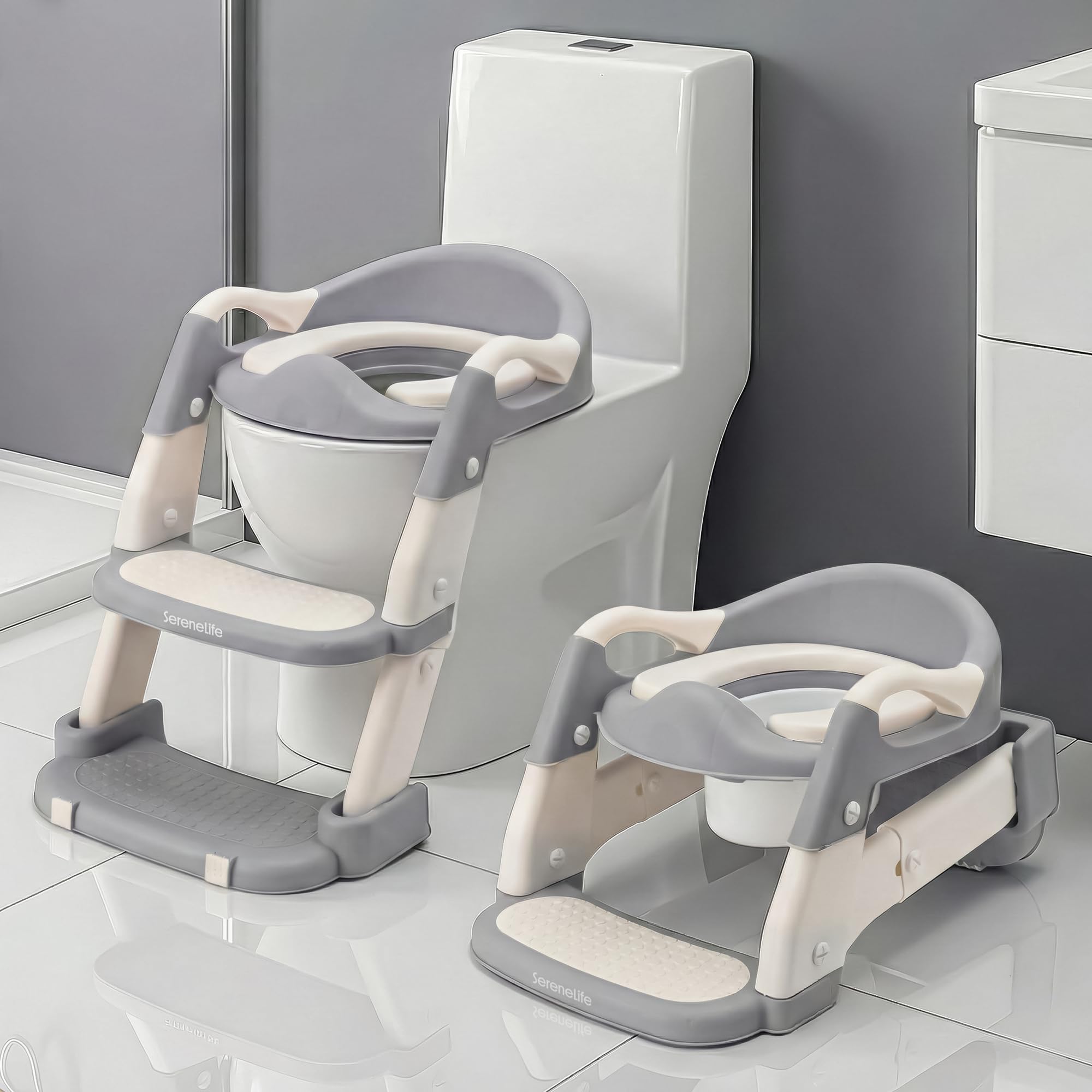SereneLife 2-in-1 Potty Chair & Potty Training Seat with Step Stool Ladder - Height Adjustable Kids/Toddler Toilet Seat with Stable Anti-Slip Design, Cushioned Seat & Splash Guard For Boys Girls - 2