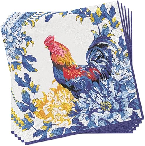 Miniatura 8 de Servilletas de gallo azul gallo 40 piezas tamaño almuerzo, gallinero de granja de pollo, servilletas desechables decorativas, servilletas de papel
