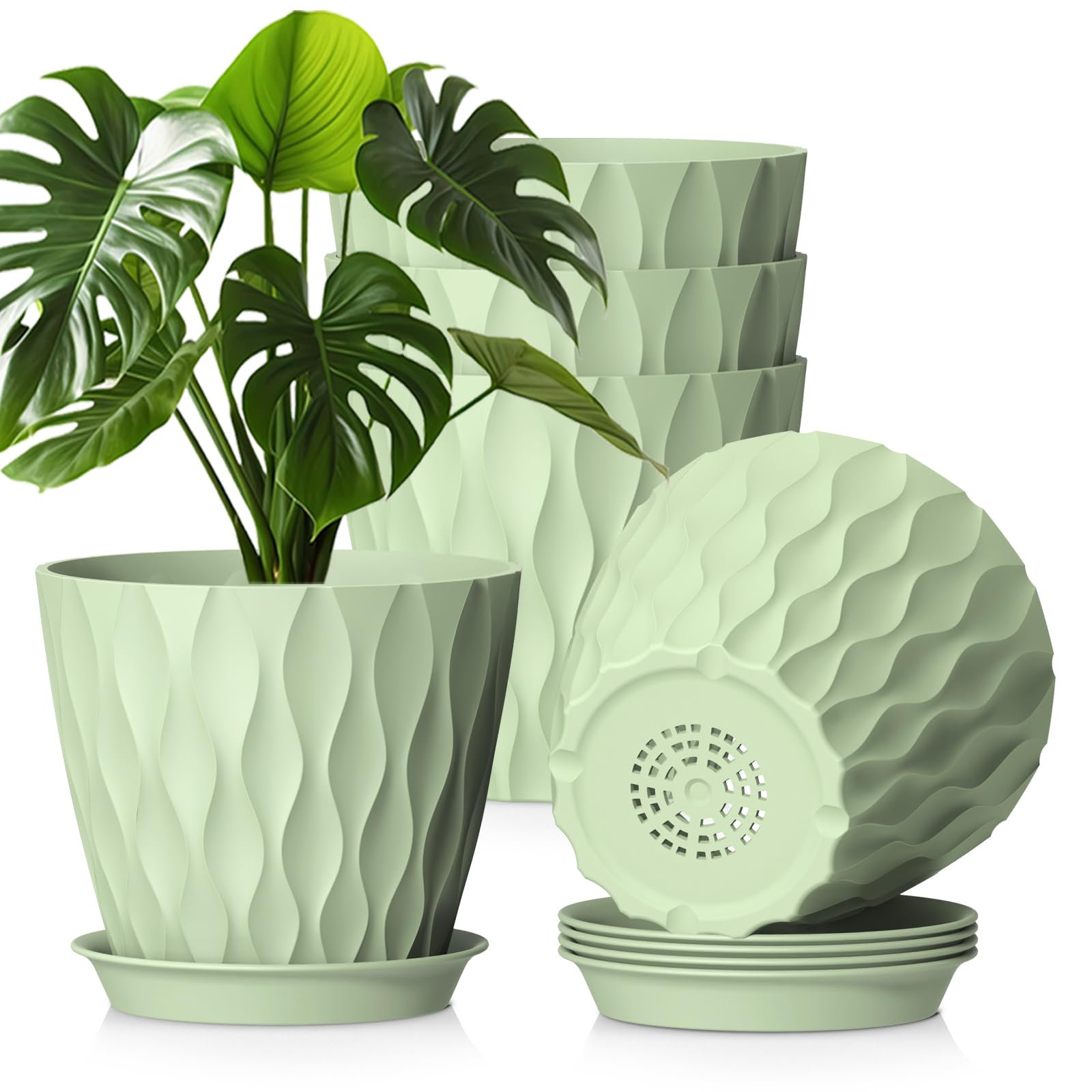 WSMKSZ 20 cm Plant Pots Indoor Outdoor Plants, 5 Pack Thick Plastic Flower Pots with Drainage Holes & Saucers, 3D Modern Wave Texture, Medium Decorative Planter Pots for Monstera, Geranium, Green