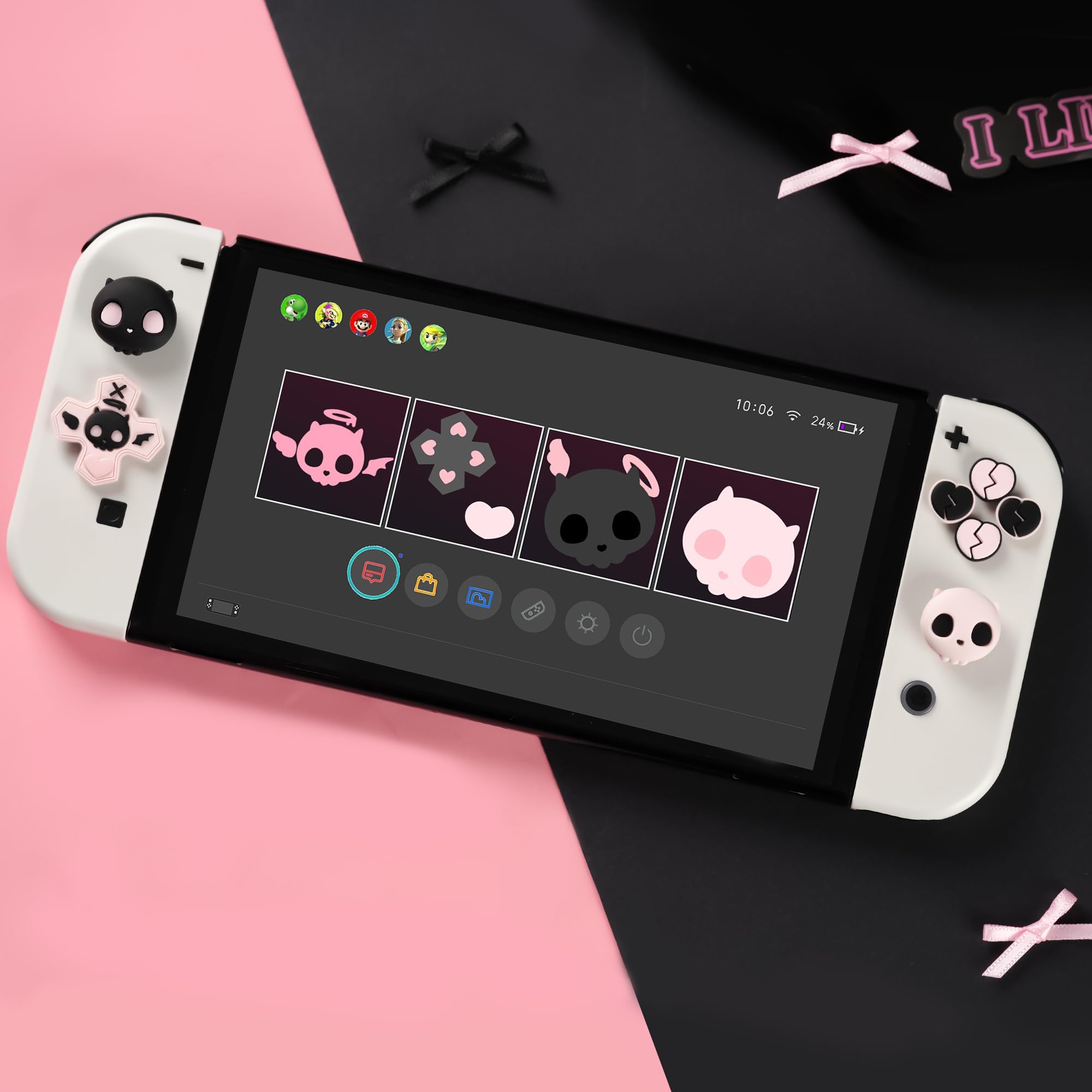 GeekShare Juego de Tapas de Silicona para Botones de Joystick - Lindo Adhesivo ABXY Compatible con Switch/OLED Joy con - Calavera de corazón