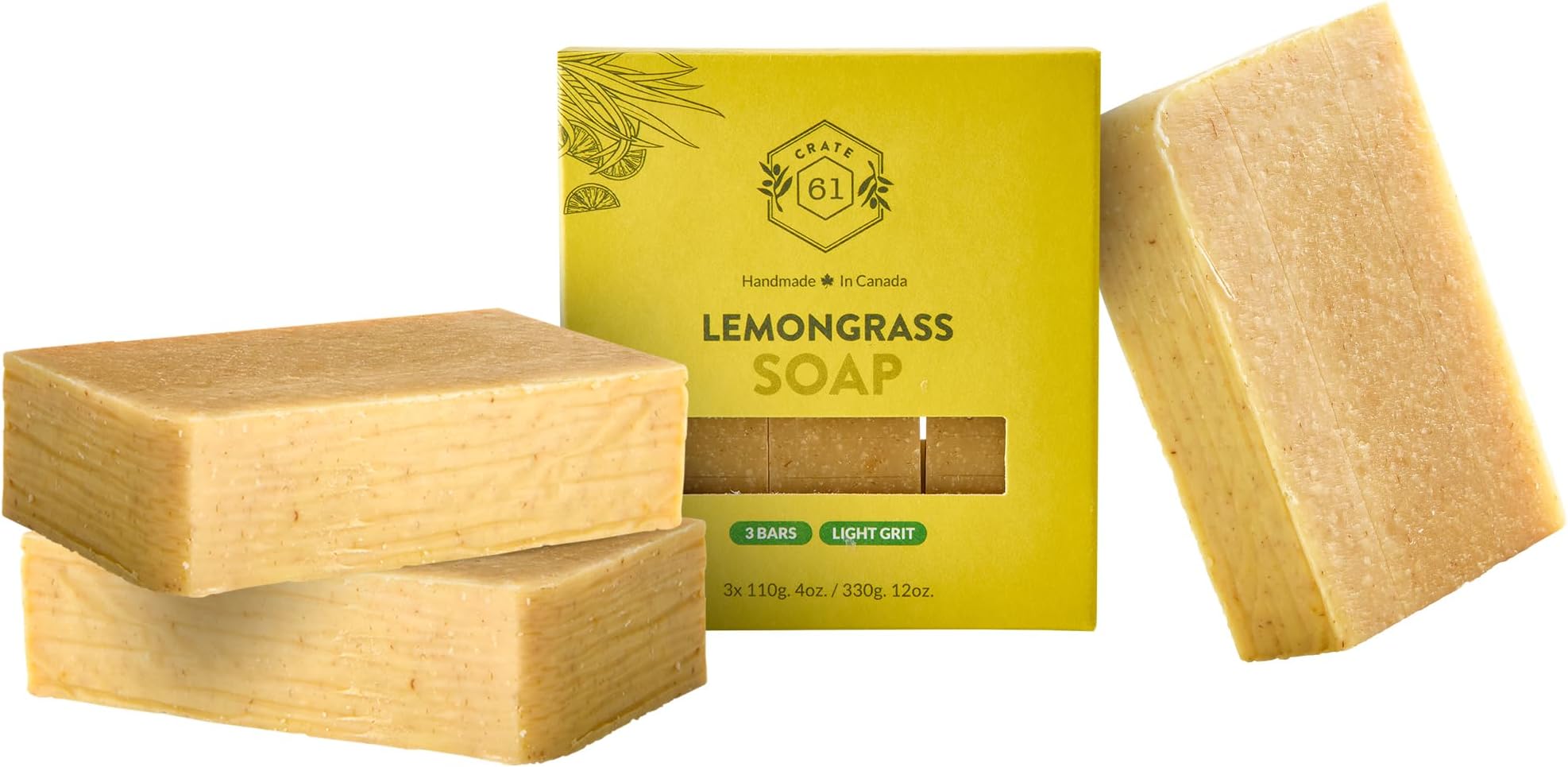Crate 61 Lemongrass Soap 3 pack, 100% Vegan Cold Process, scented with premium essential oils, for men and women, face and body. ISO 9001 certified manufacturer