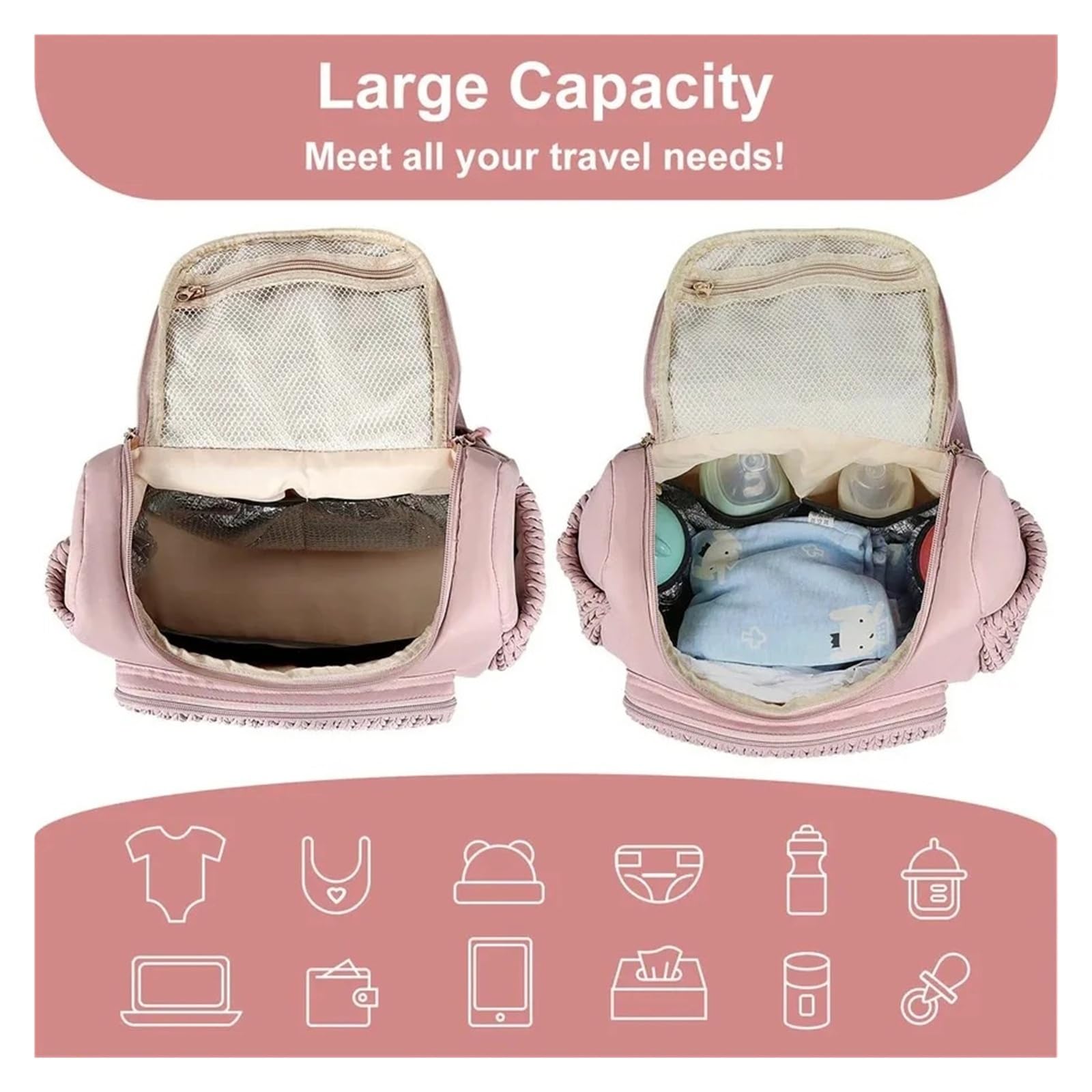 Wickeltasche für den Außenbereich, Kinderwagen-Organizer mit Wickelunterlage, Rucksack mit großer Kapazität, isolierte Tasche, Schwarz, One Size, Einheitsstil