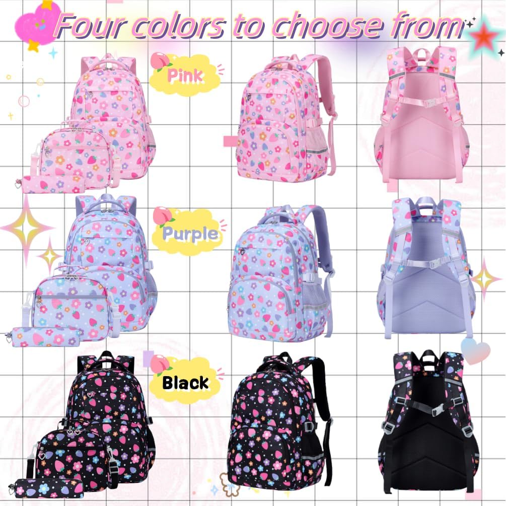 EKUIZAI Flower Backpack Set for Girls,StrawberrySchool Bags for Middle School Students Elementary Bookbags for Teen Girls - Image 6