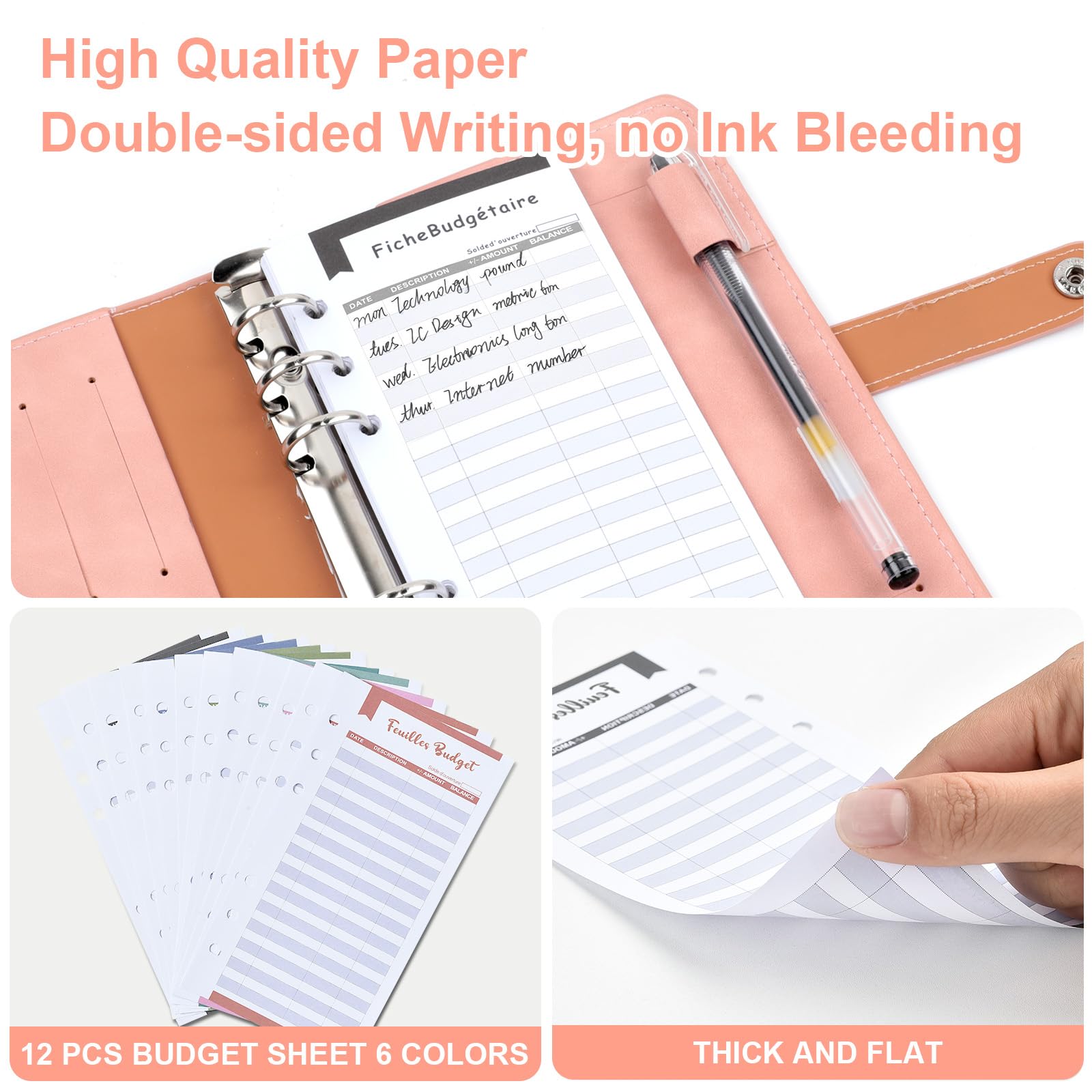 Classeur A6 en PU Cuir Budget Planner avec 10 PVC Enveloppe Budget, 12 Feuilles Budget, 3 Autocollants