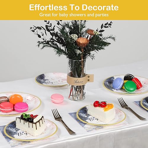 Miniatura 7 de CLYMENE 96 piezas de suministros de fiesta de revelación de género Decoraciones de fiesta de baby shower Juego de vajilla para revelación de