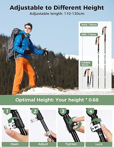 Miniatura 4 de Bastones de trekking, 7075 de aluminio ligero plegable bastones de senderismo, 43.3-51.2 in de altura ajustable con cierre de clip de agarre de