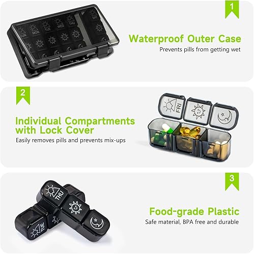 Miniatura 10 de Organizador de píldoras grande para 7 días semanalmente, contenedor diario para medicamentos 3 veces al día, soporte para medicamentos para