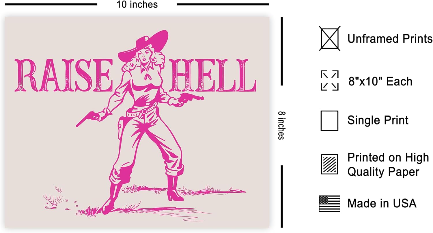 Poster Master Raise Hell Print - Retro Pink Cowgirl Poster - Wild West Art - Western Wall Design - Gift for Men & Women - Trendy Decor for Office, Dorm or Living Room - 8x10 UNFRAMED Wall Art