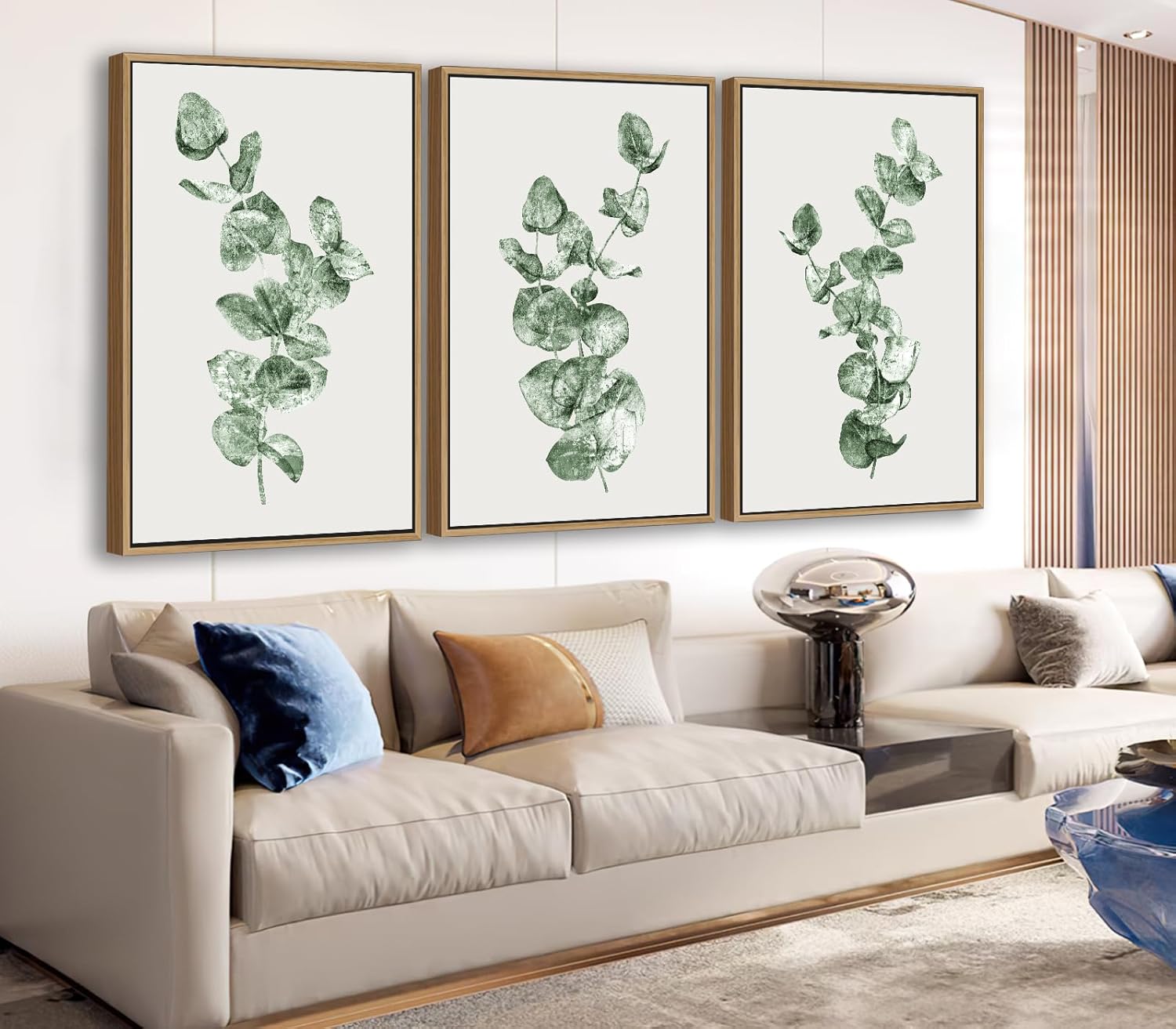 large framed wall art - natural float framed green leaf canvas pictures paintings for living room wall decor modern white artwork plants for bedroom kitchen home office decoration 72" x 36" set of 3 24" x 36" x 3pieces framed green
