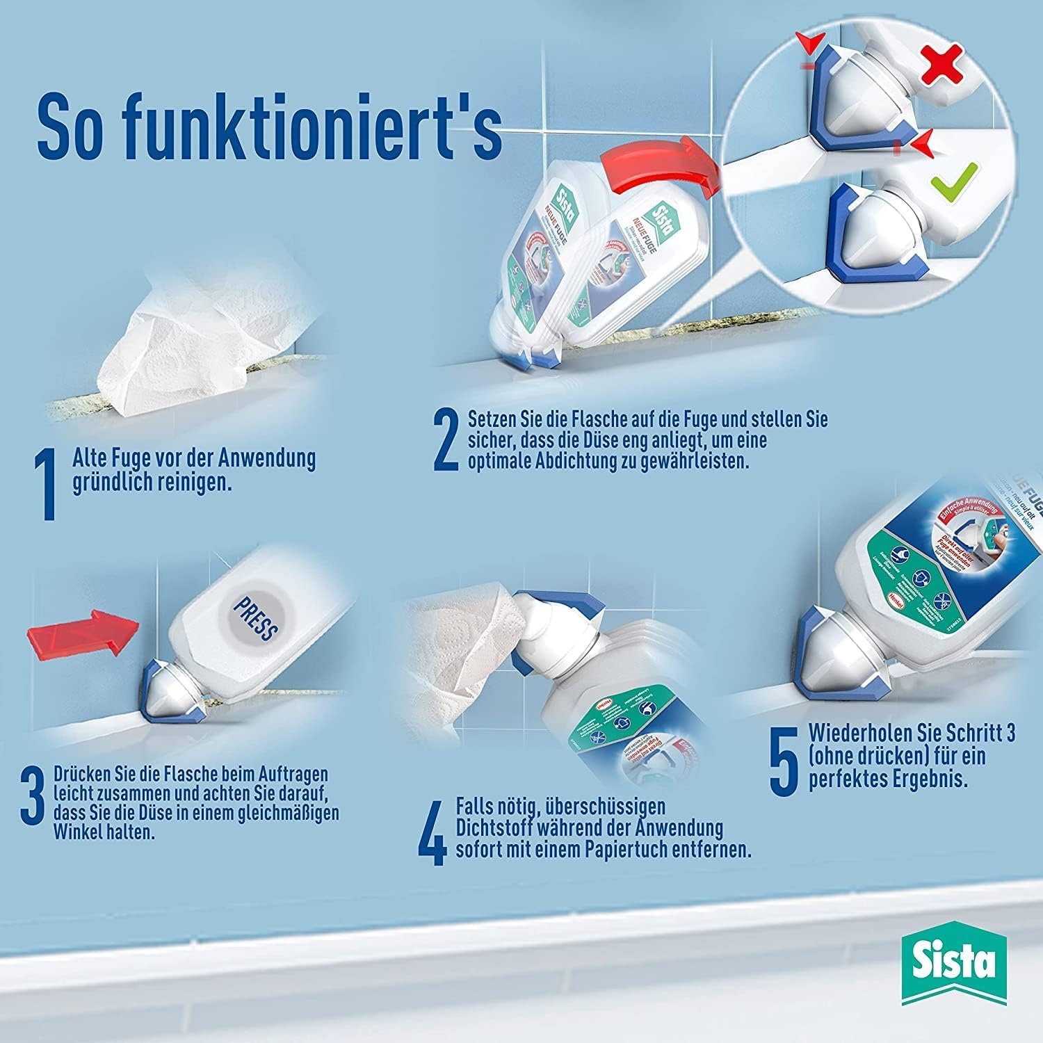 Sista Silikon Neue Fuge, Blisterkarte, grau, 6x 80ml | Frische Fugen in Grau – für Bad, Küche & Feuchträume geeignet