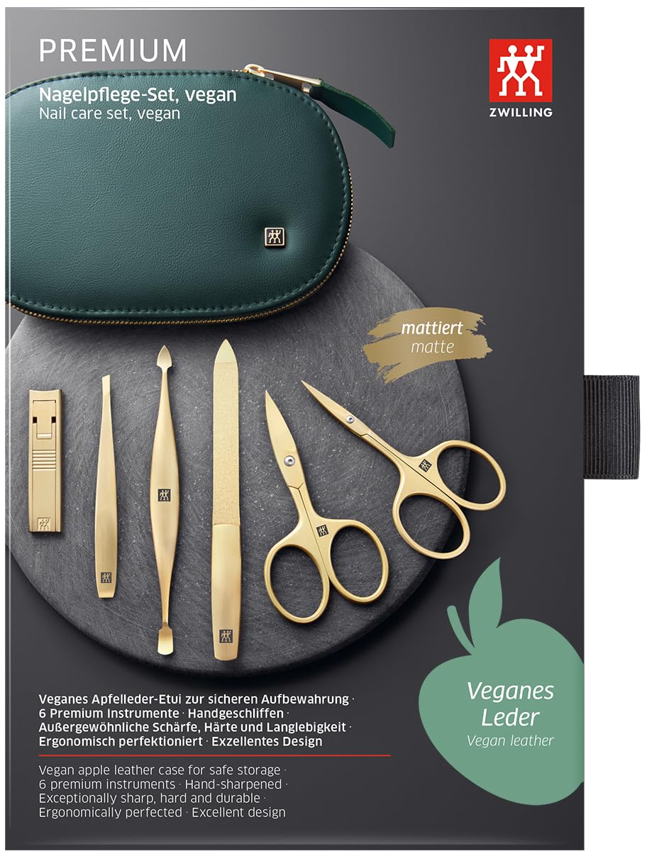 ZWILLING Maniküre- & Pediküre-Set 6-teilig im veganen Apfelleder-Etui, umfangreiches Nagelpflegeset, PVD-Goldbeschichtung, Grün, Premium