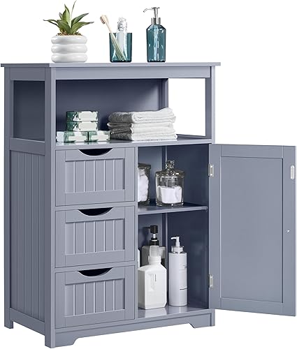 Miniatura 10 de Yaheetech Armario de suelo de baño, organizador de almacenamiento de madera con 1 puerta y 3 cajones, armario independiente para cocina, sala de