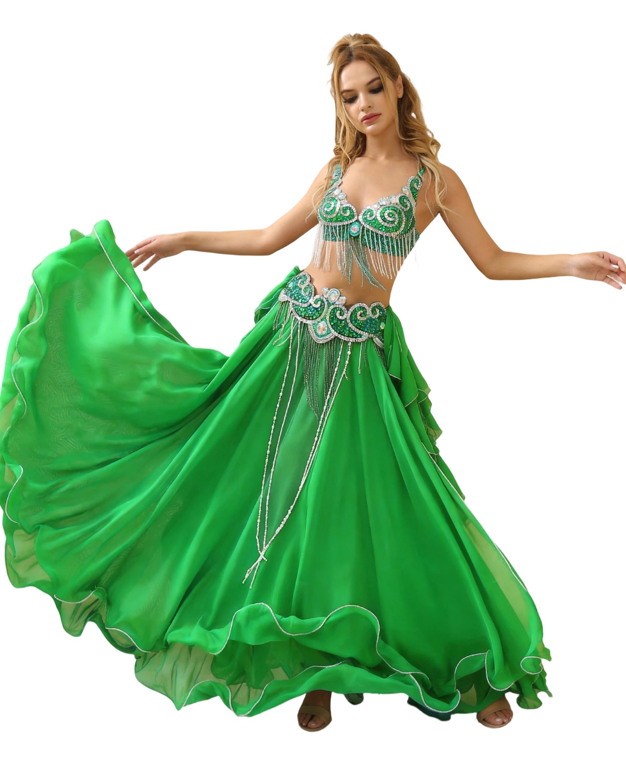 Royal SMEELA Sequin Belly Dance Costume Set - Professional Women's Belly Dancing Outfits Ladies Bellydance Clothes Performance Wear Green — image 1