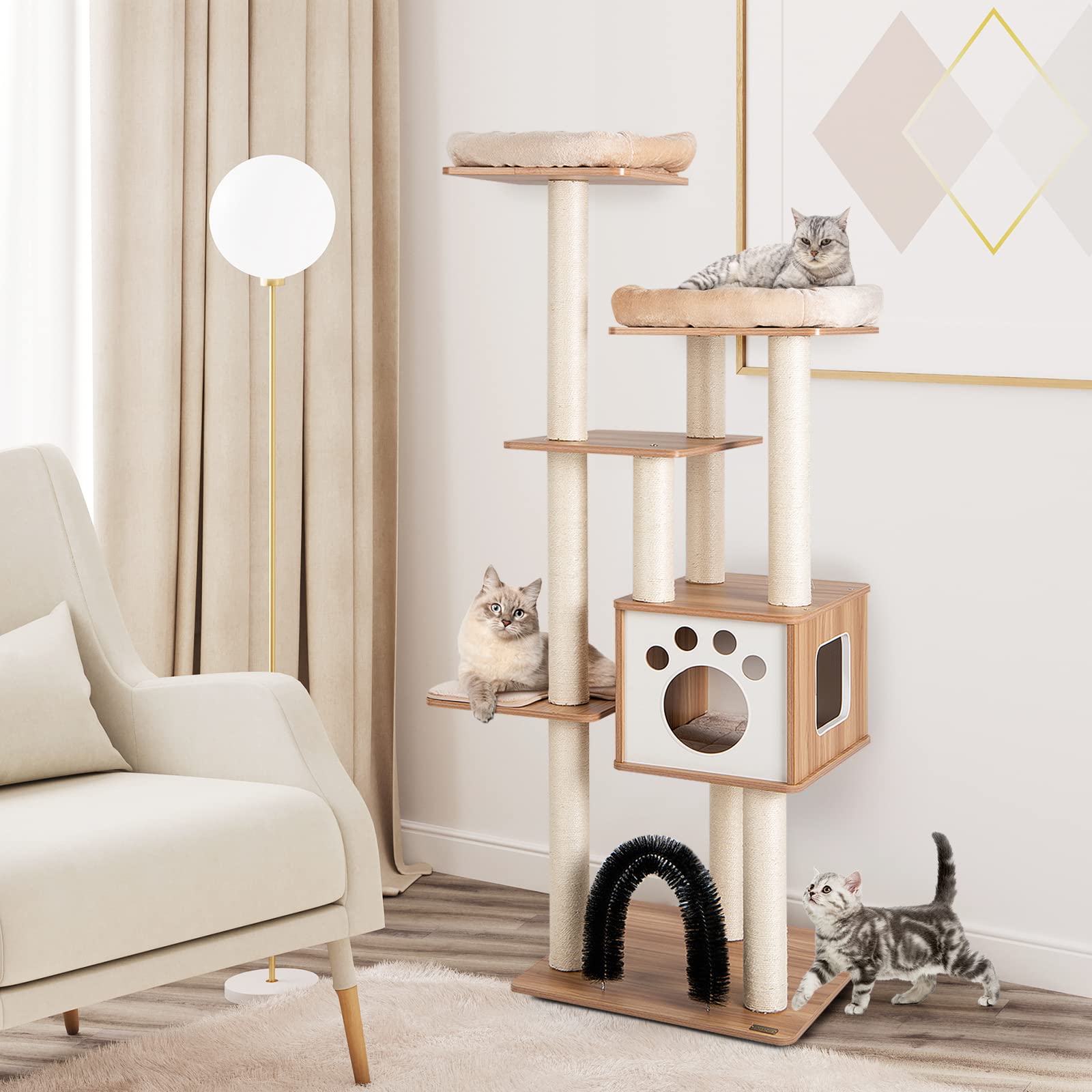 GYMAX Tiragraffi per Gatti, 59 x 59 x 176 cm, Carico 15 kg, Tronchi in Sisal, Cuscino Rimovibile Lavabile, Ideale per Gatti Grandi Adulti (Stile 12)
