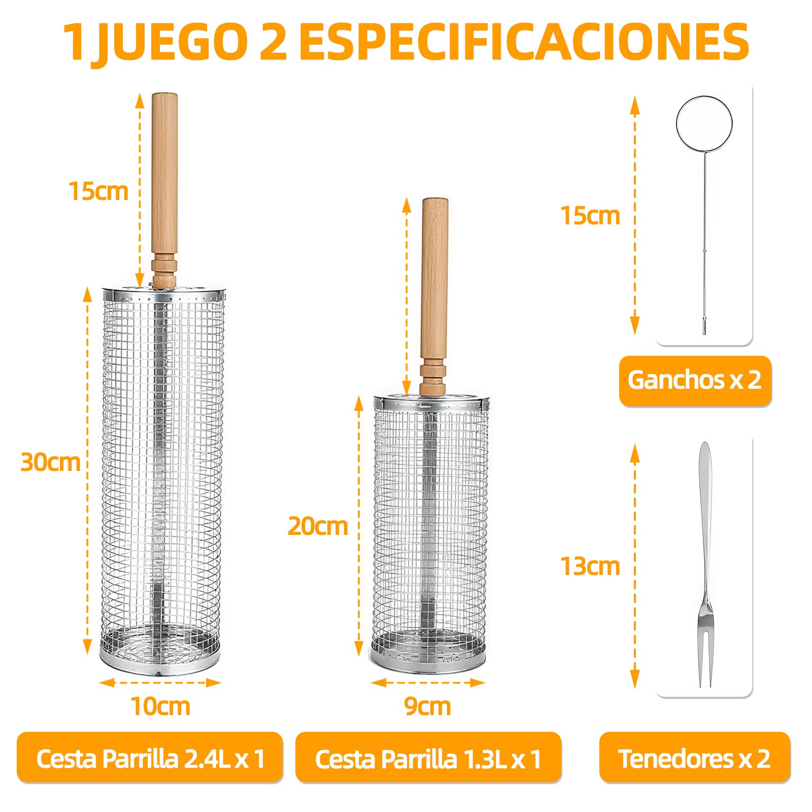 Juego de 2 Cilíndrica Parrilla Barbacoa Acero Inoxidable 304, Accesorios Barbacoa con Mango de Madera Extraíble, Utensilios bbq para Asar Verduras, Carne, Parrilla Cesta para Gas, Carbón Barbacoas