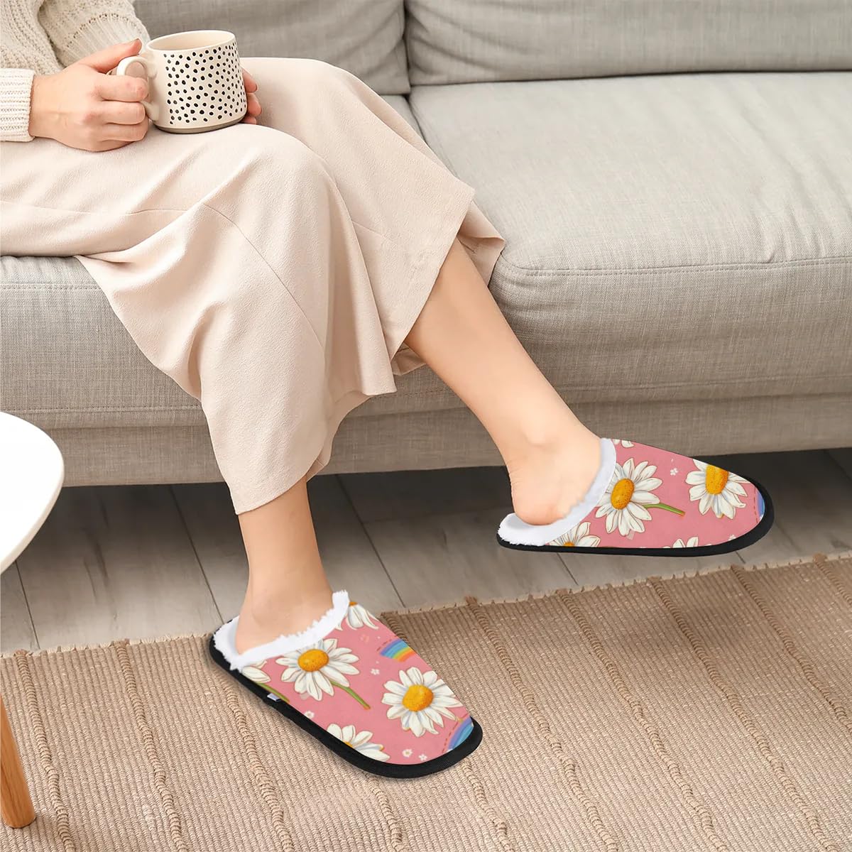 Hsnar Daisy Flower Rainbow Non Slip House Slippers for Women Indoor Slippers for Men Soft House Shoes Spa Slippers, L