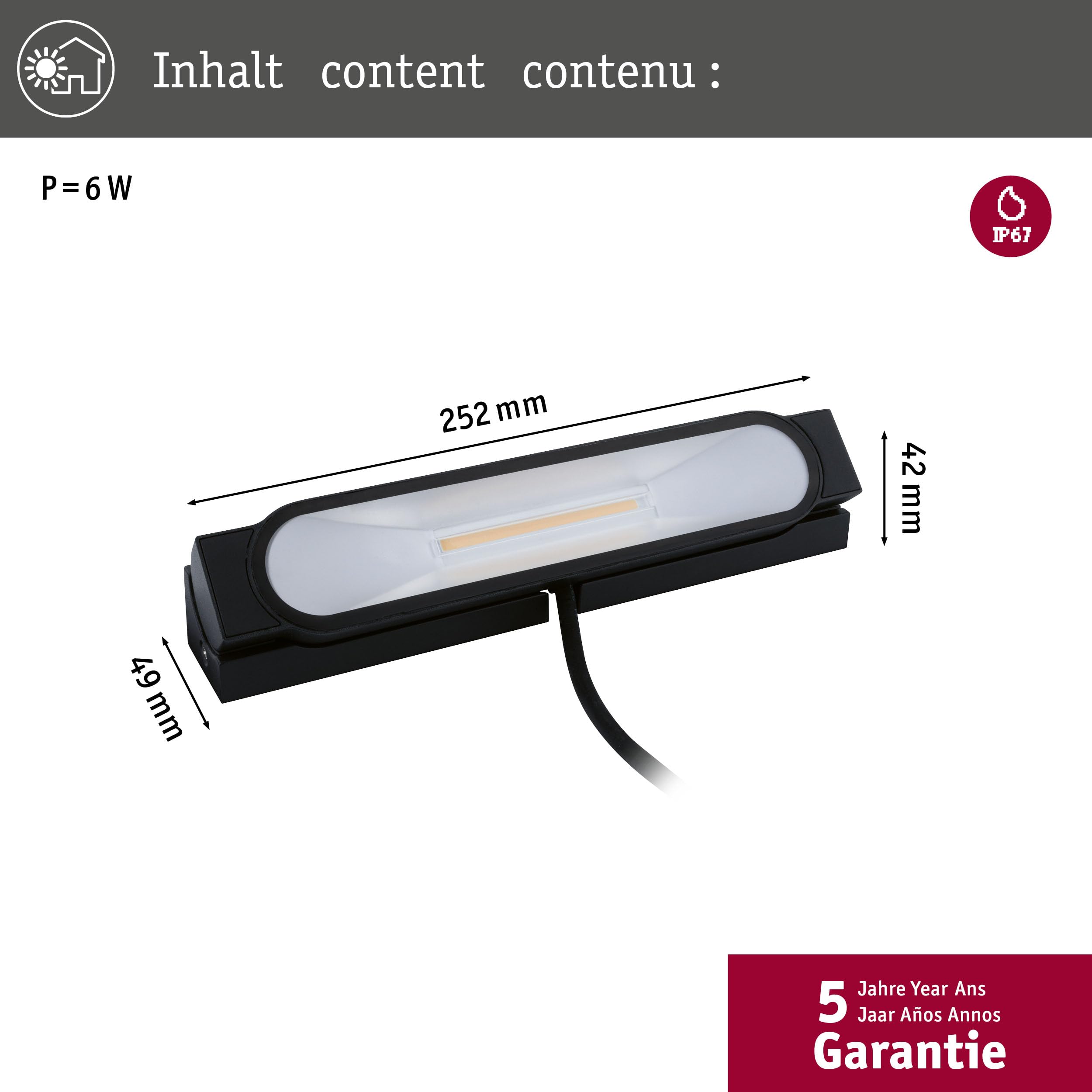 Paulmann 94670 luminaire d'extérieur LED Lèche-mur Tidos IP67 252x49 mm orientable à 70° incl. 1x6 watts gradable Outdoor Anthracite Métal 3000 K