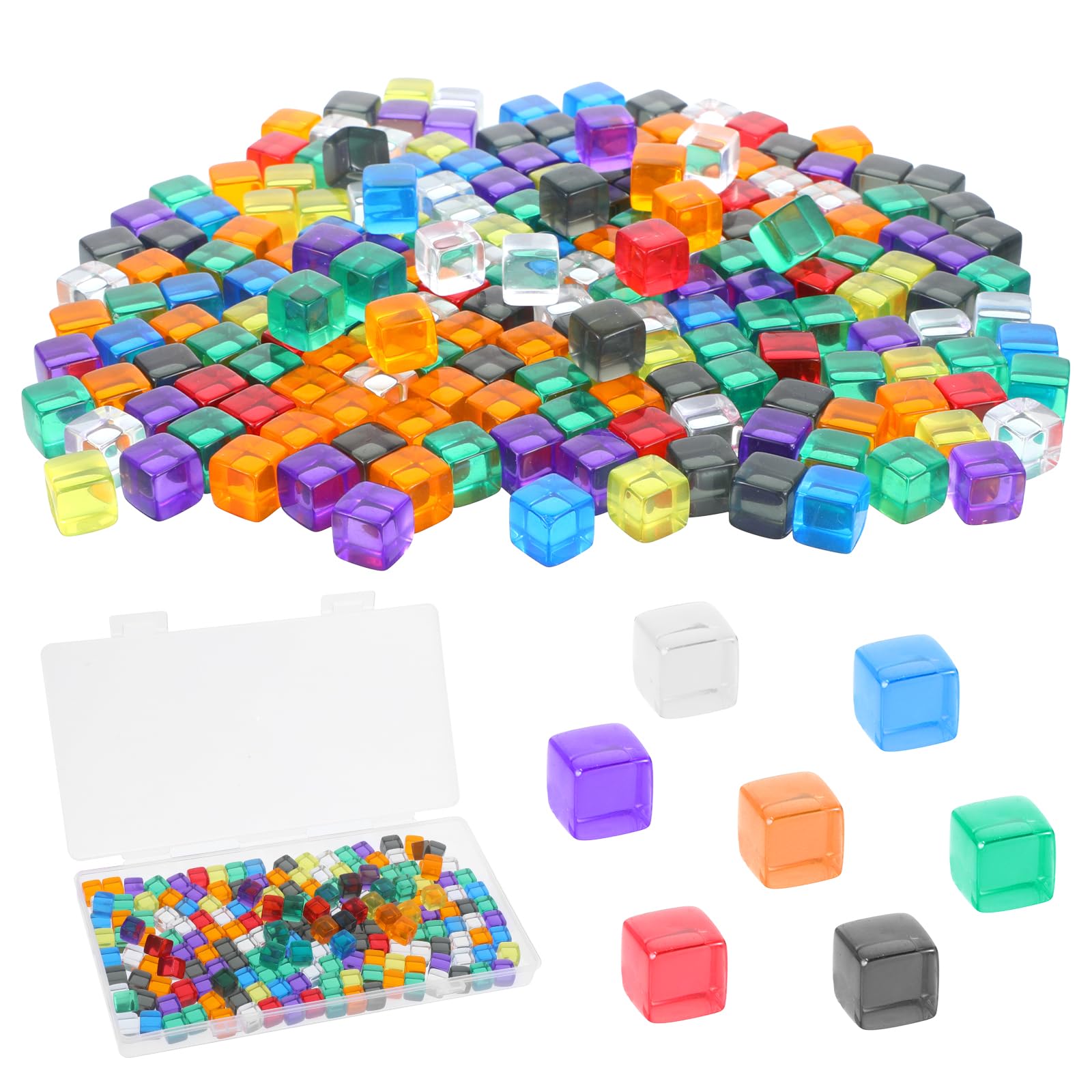 Photo 1 of 200 PCS 8mm Multi-Colored Blank Dice, 8-12 Colors Mini Dice Beads Acrylic Cubes Assorted Color No Hole Beads with Storage Box Small Clear Dices for Board Tabletop Dices DIY Making