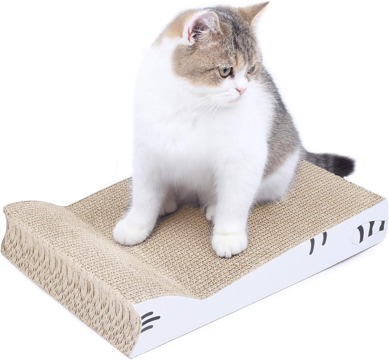 AMZNOVA Cat Scratcher Cardboard, Double Thickness Scratching Pad, Cat Shaped Corrugated Scratch Lounge with Catnip, Large, White