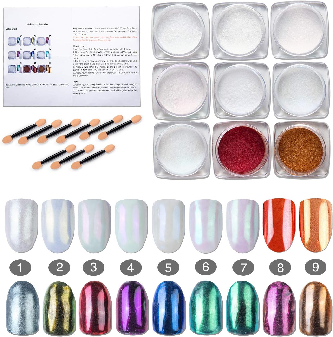 Chrome Nail Powder, 9 Jar Pearl Powder, Aurora Iridescent Metallic Nails Powder Set, Mirror Effect Nails Pigment Manicuring Rainbow Nail Dust Powder, 0.04oz/1g (9 Colors)