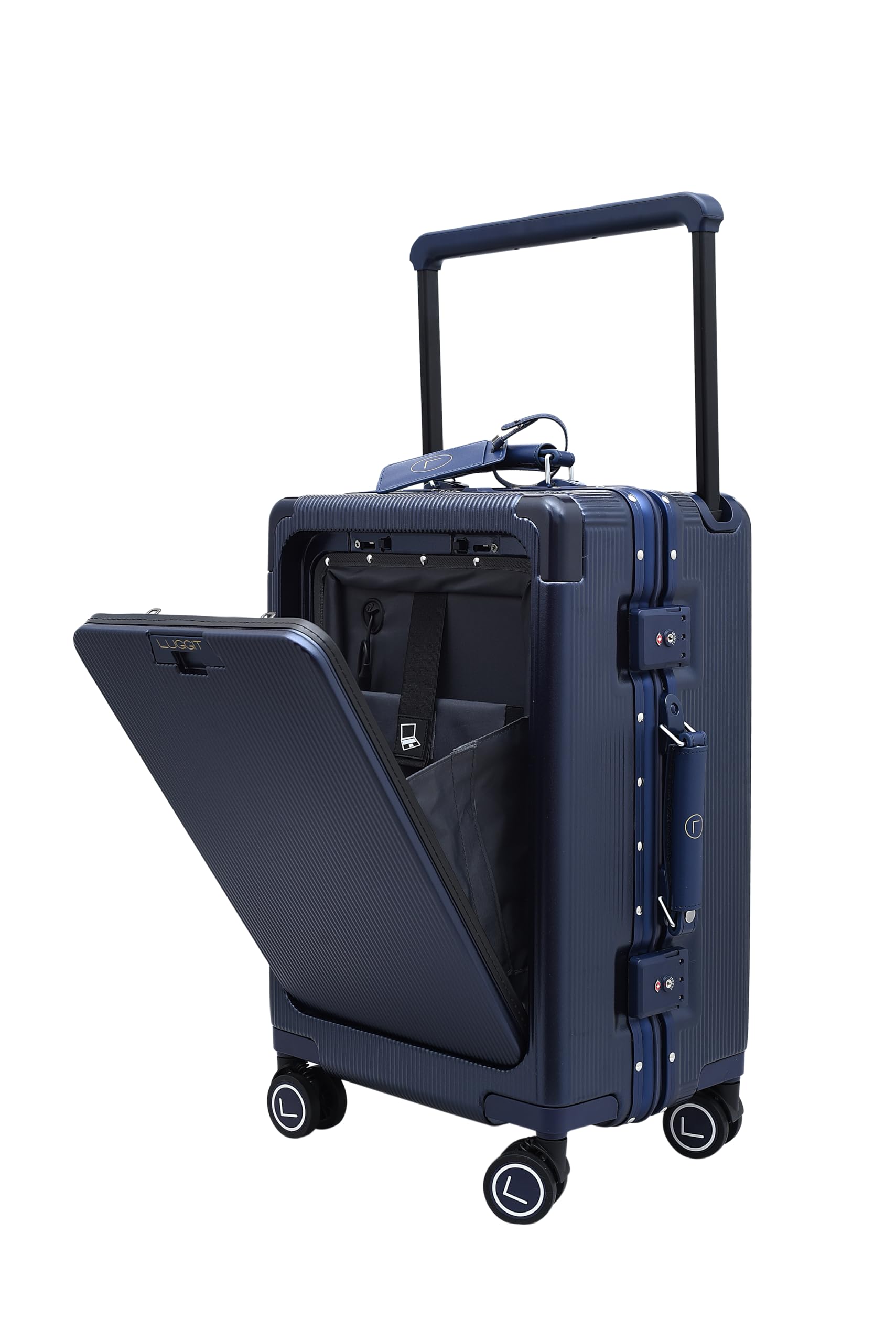 Executive Plus Travel Cabin Trolley Bag- Navy Blue Suitcase Easy-Access Front Opening, Cup Holder, 360° Spinner 20 inches, Wide Telescopic Handle-image-18