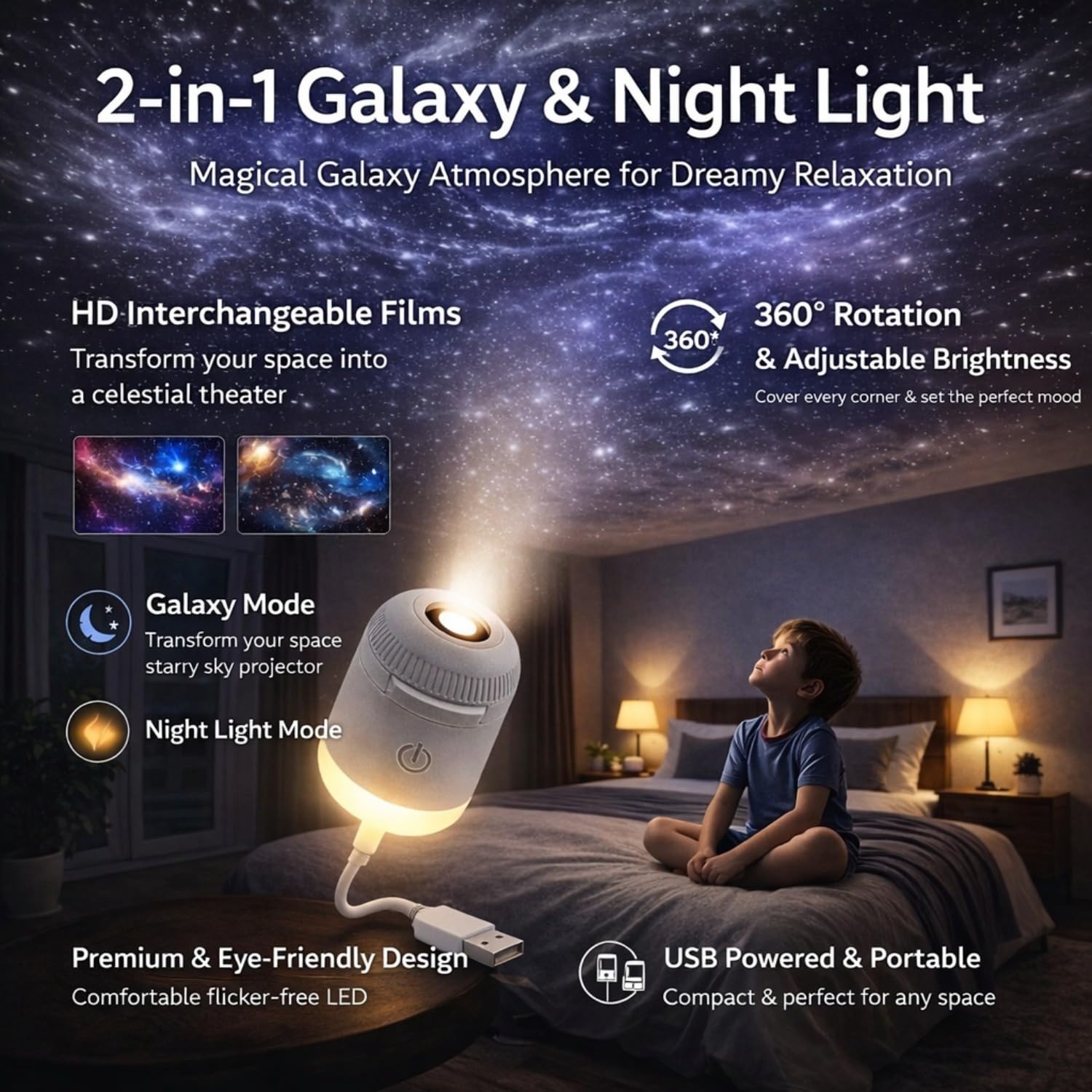 Genérico 2-in-1 Galaxy Star Projector & Night Light, 360° Rotating Portable Starry Sky Lamp with HD Films, USB Powered, Adjustable Brightness, Perfect Room Decor for Kids & Adults (White(3 PCS Film))