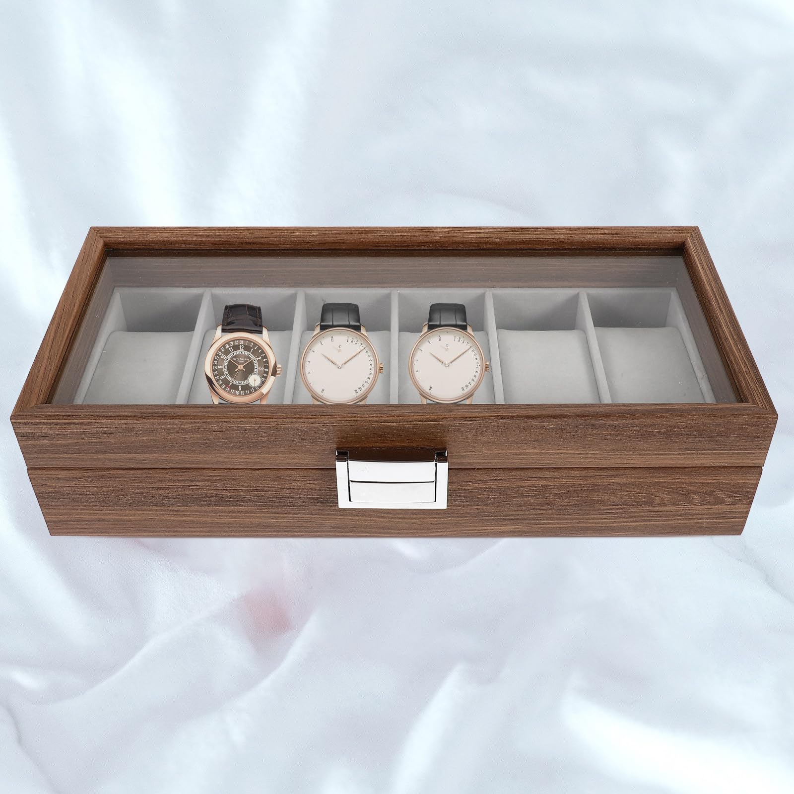 Caja de Exhibición para Relojes de 6 Ranuras en Madera | Tapa Transparente, Acabado Veteado Tipo Nogal, para Hogar o Joyería, Organiza y Protege Piezas