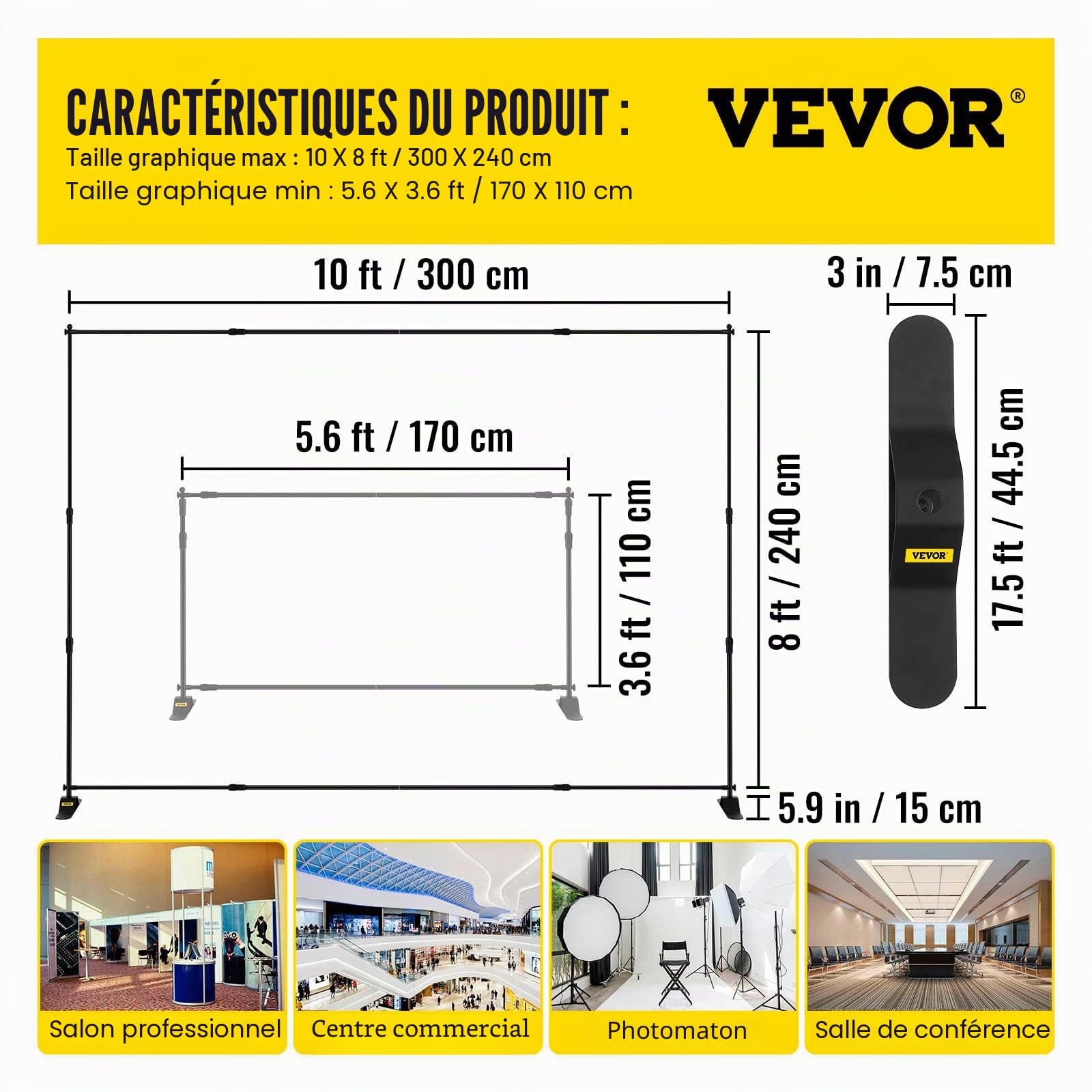 VEVOR Support de Papier Peint Photo 3 m x 2,4 m, Largeur réglable 66 "- 120" Support de bannière pour Toile de Fond Hauteur 37"- 96" Noir pour Salon Commercial télescopique présentoir