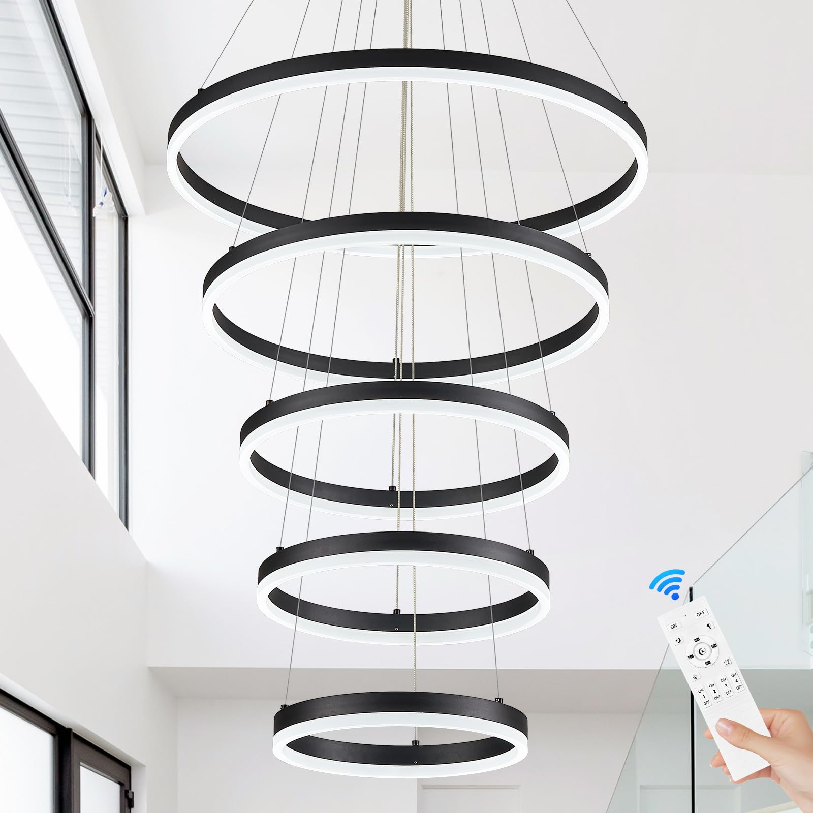 modern led chandelier for foyer dimmable black high ceiling chandeliers foyer with remote control for entryway dining room living room staircase, 3000k-6500k(5-rings d23.6’’)